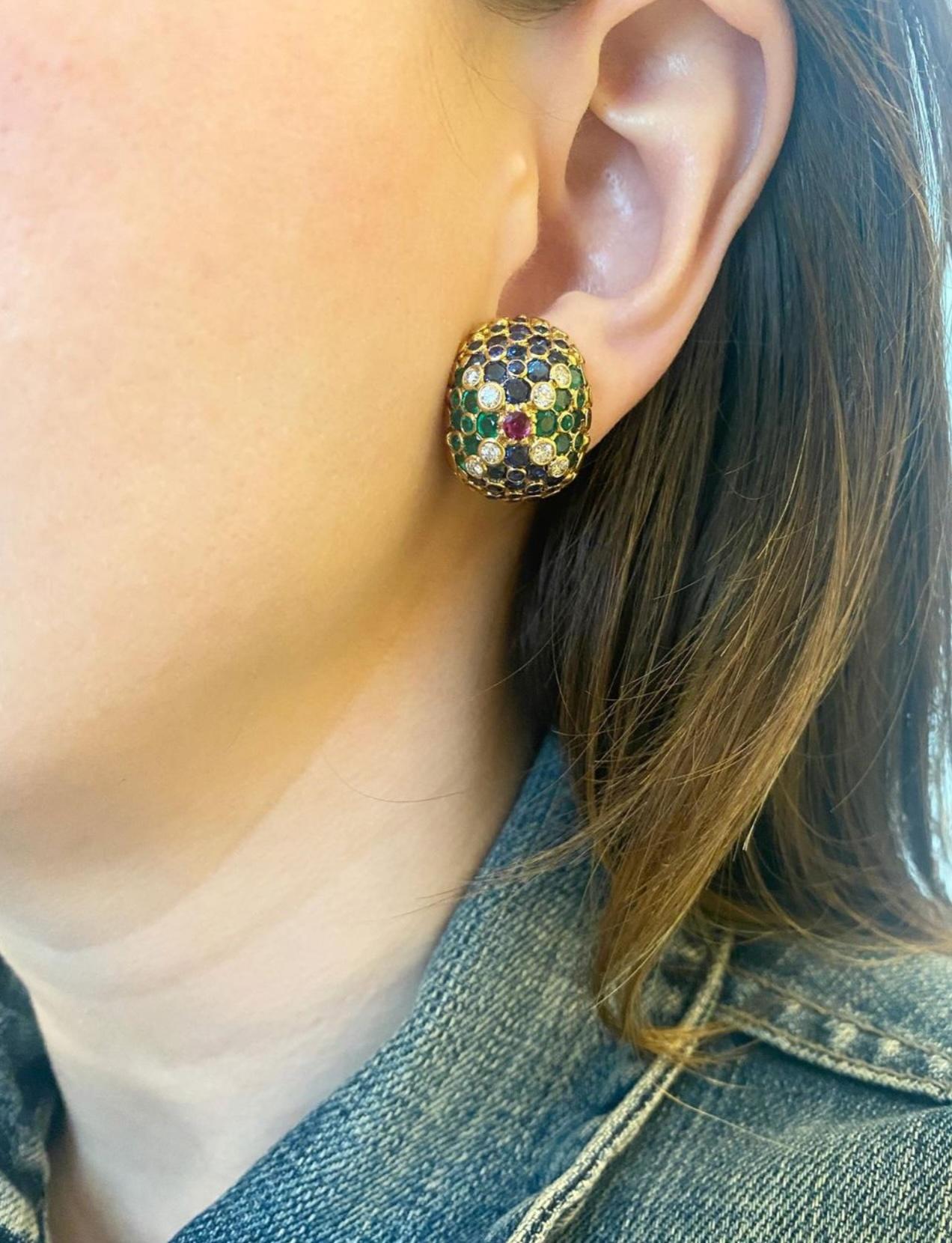 French Mid-Century Gold and Multi-Gemstone Bombé Clip Earrings In Good Condition In New York, NY
