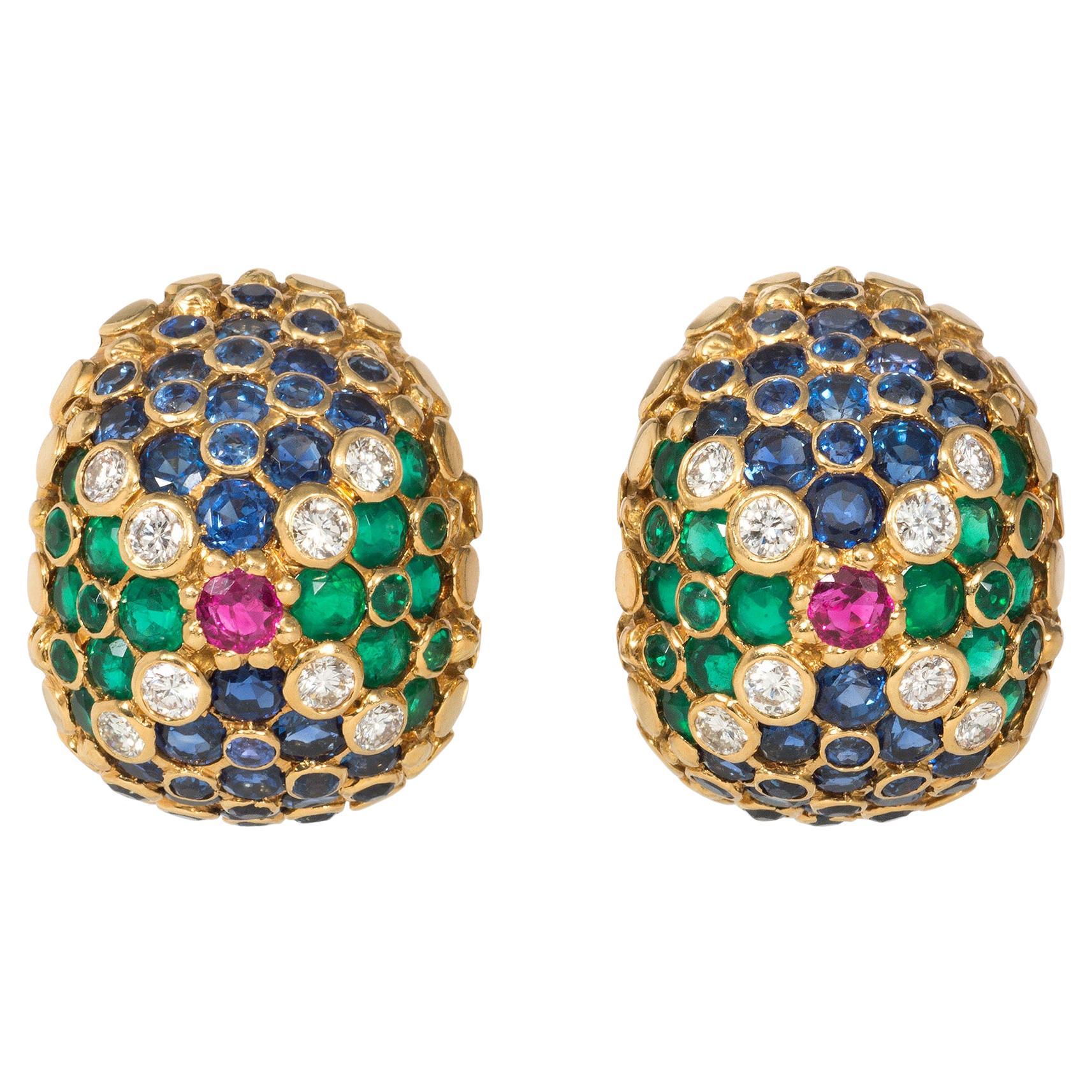 French Mid-Century Gold and Multi-Gemstone Bombé Clip Earrings
