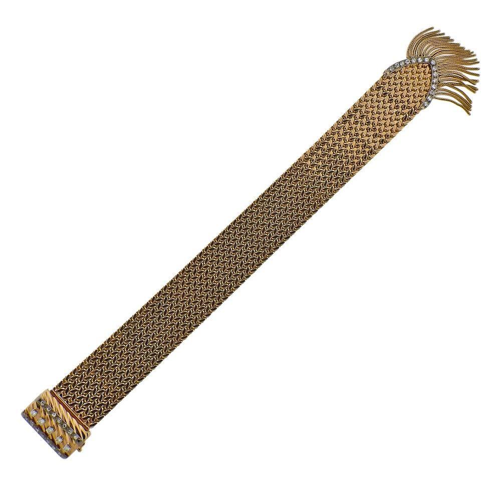 French Midcentury Gold Diamond Tassel Bracelet In Excellent Condition In New York, NY