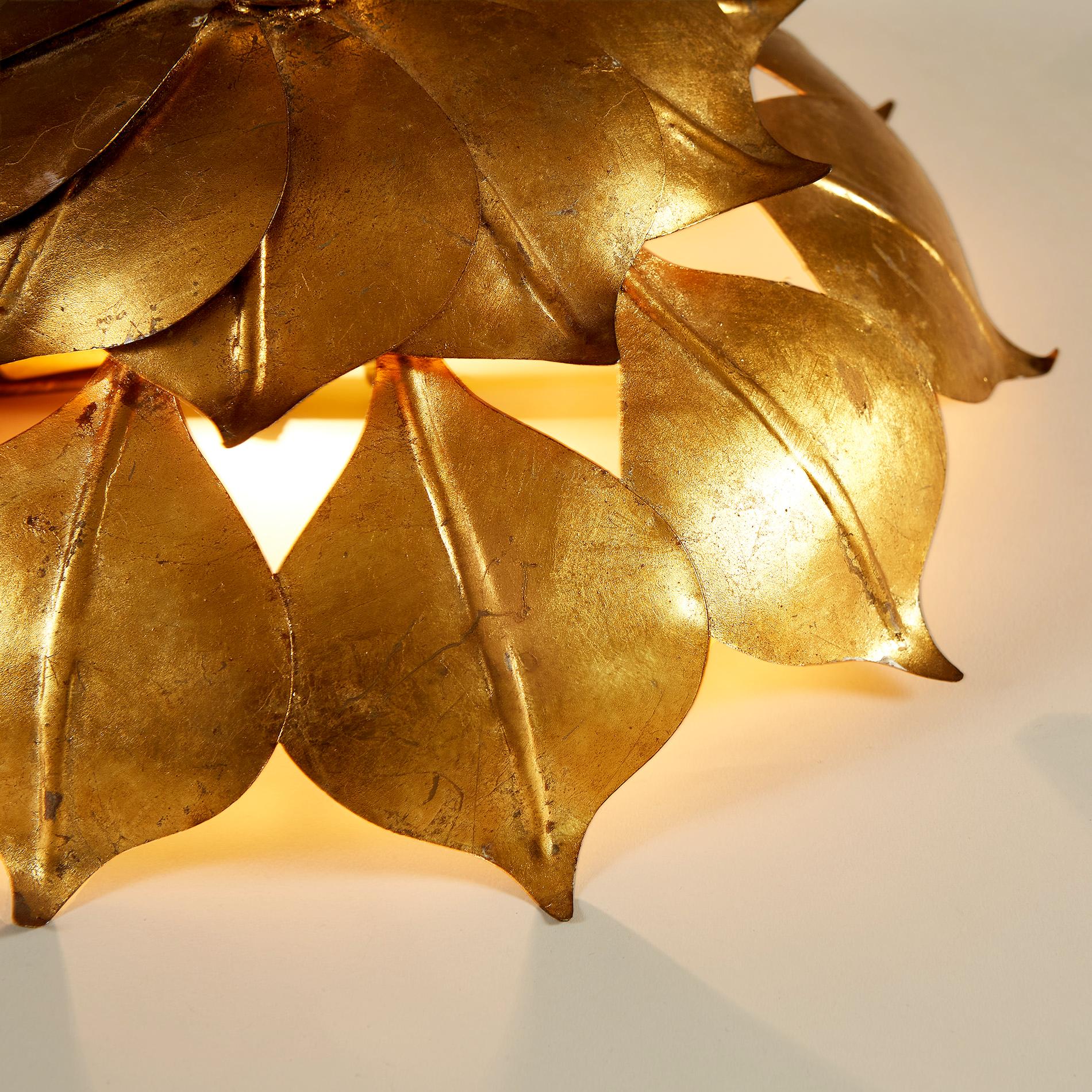Gilt French Mid-Century Gold Leaf Wall Light For Sale