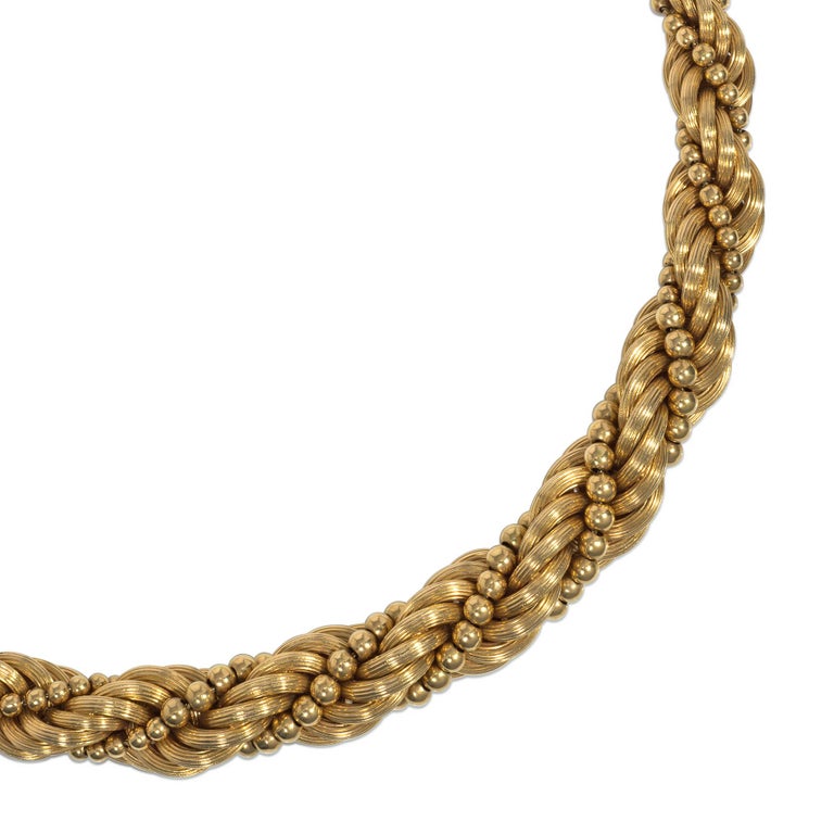 French Midcentury Gold Necklace of Graduated Rope Twist Design For Sale