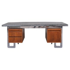 French Mid-Century Granite, Wood and Steel Desk