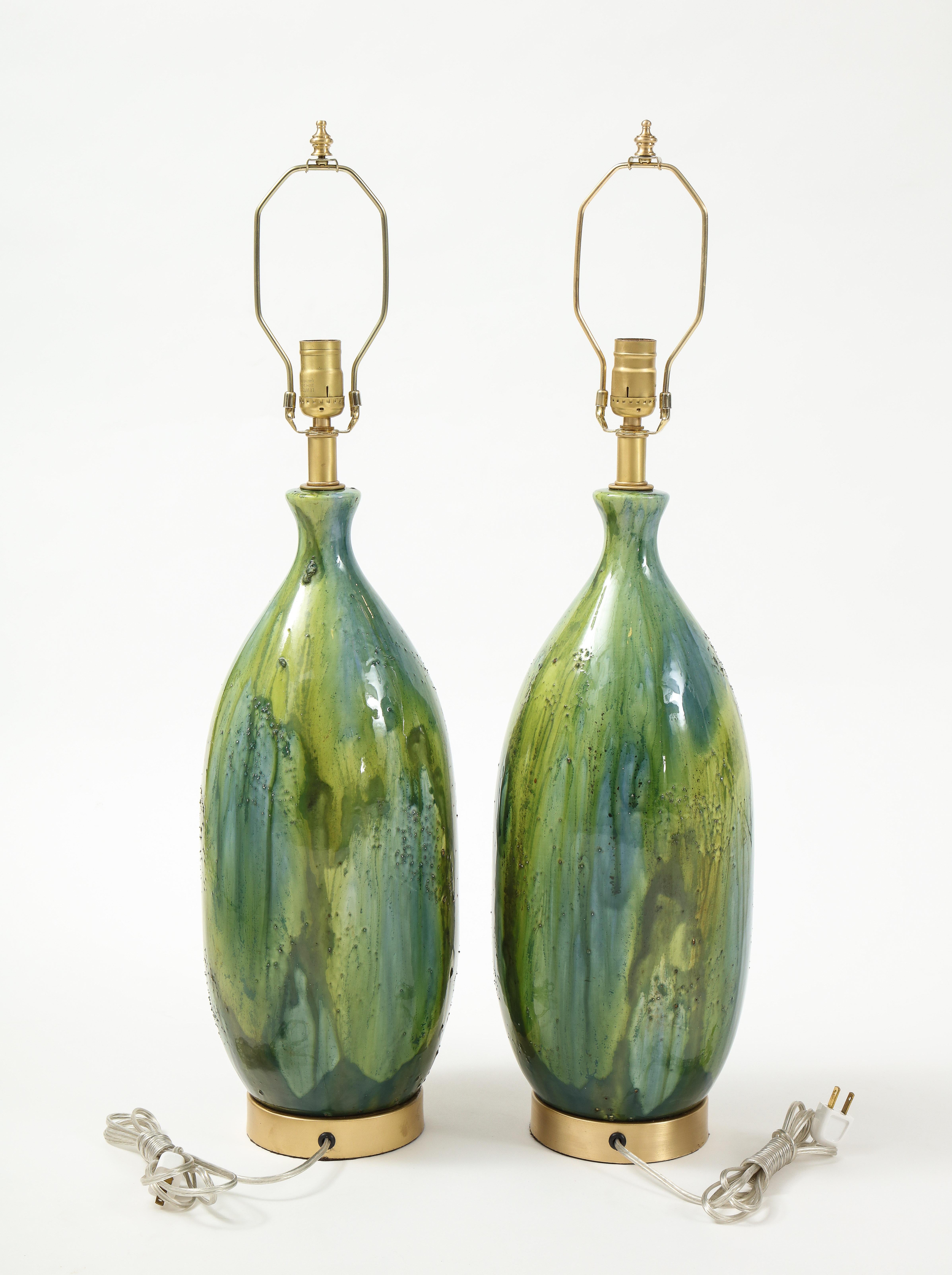 Mid-Century Modern French Midcentury Green, Blue Ceramic Lamps