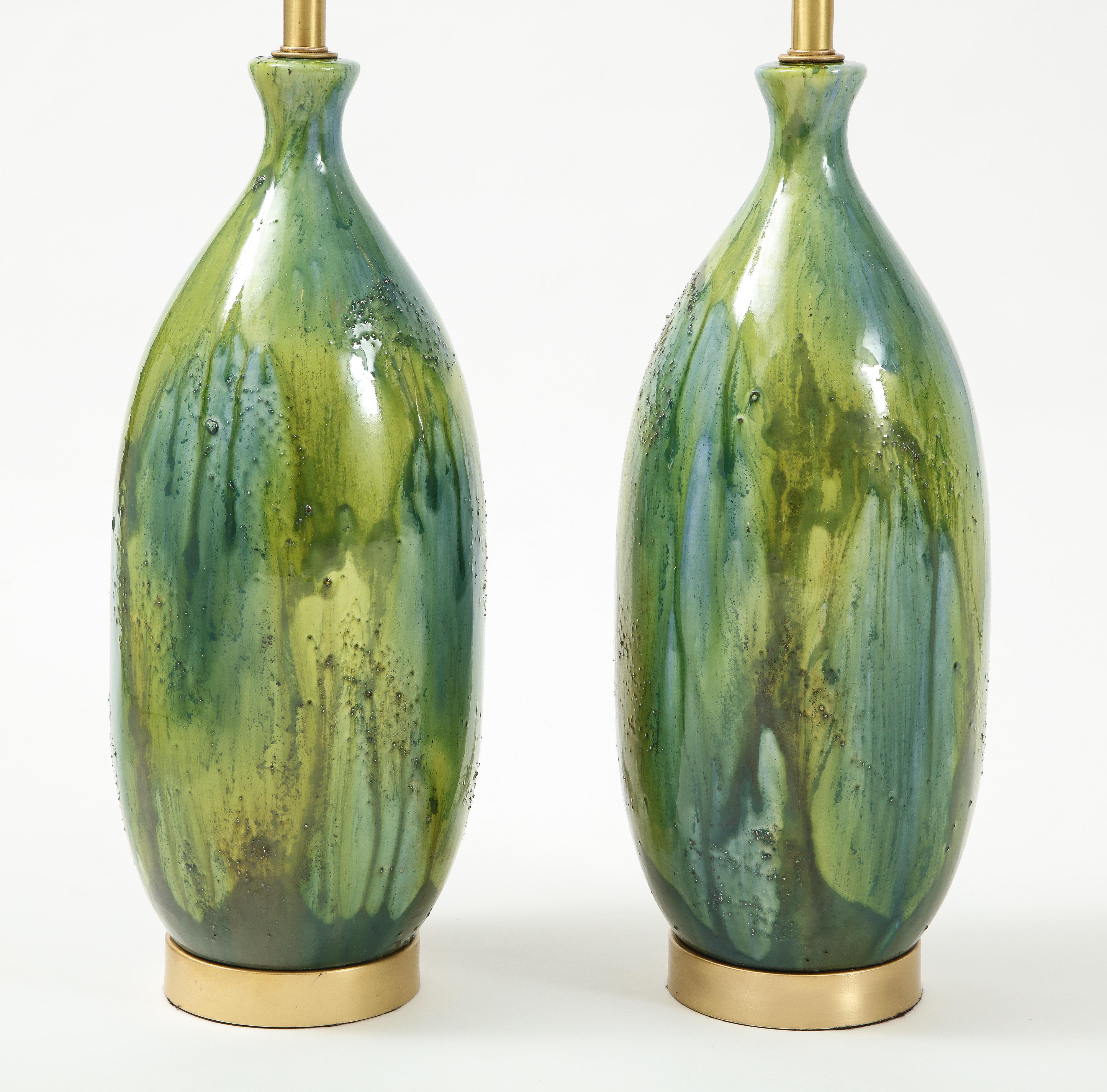 French Midcentury Green, Blue Ceramic Lamps In Excellent Condition In New York, NY