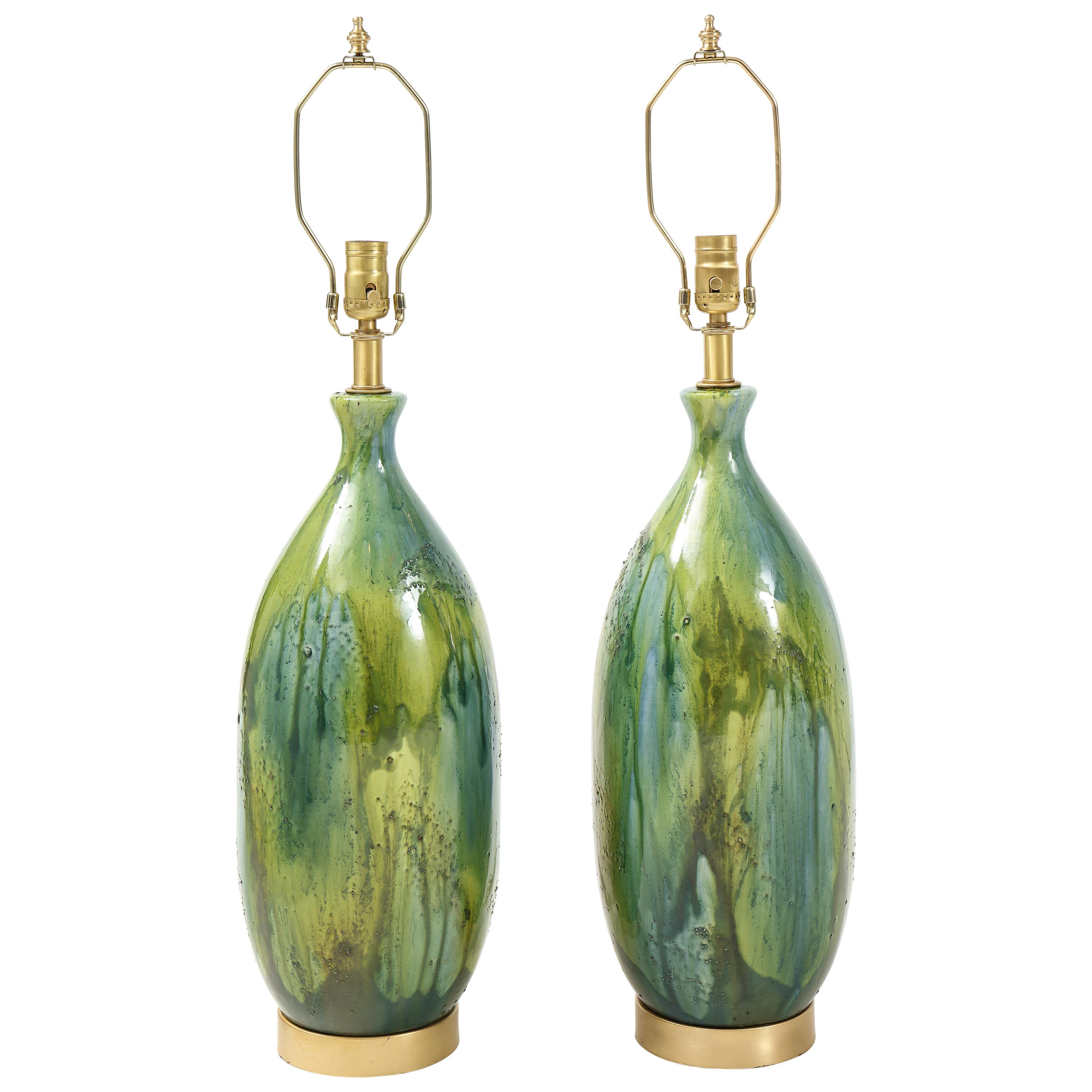 French Midcentury Green, Blue Ceramic Lamps