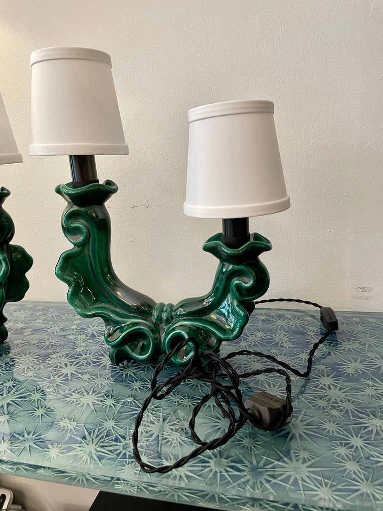 French MidCentury Green Ceramic Table Lamps, Pair at 1stDibs