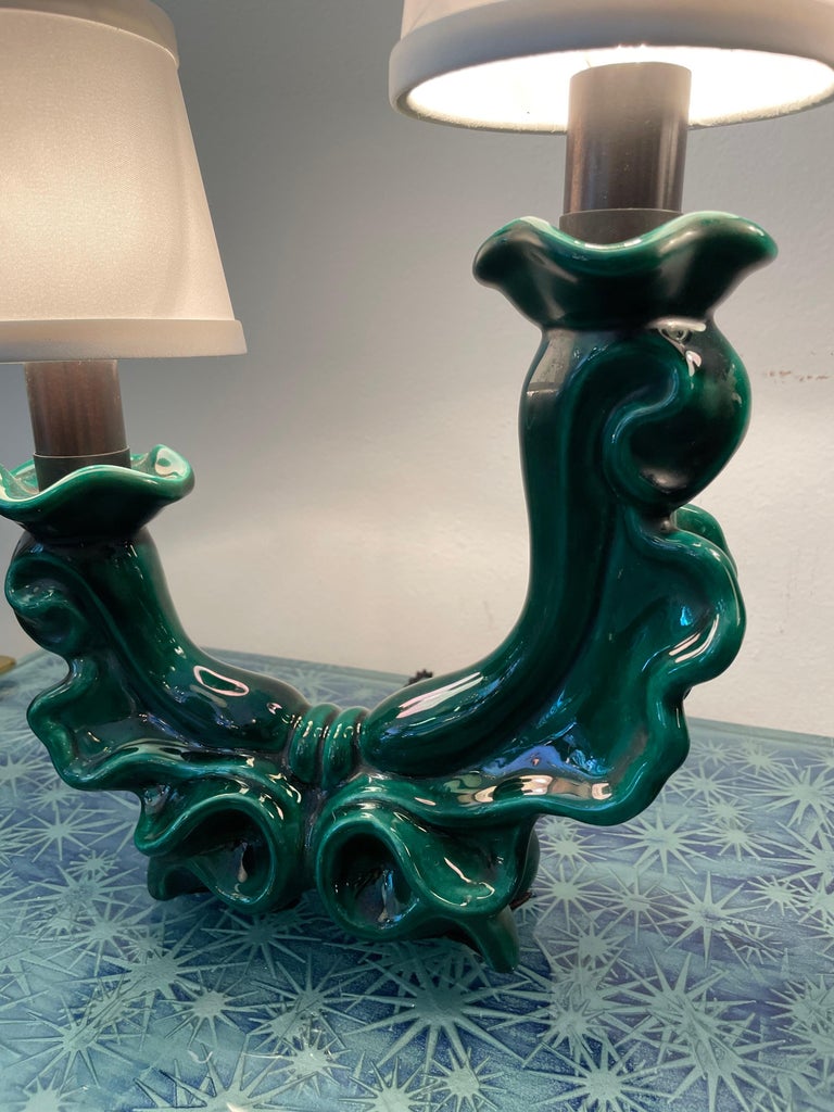 French MidCentury Green Ceramic Table Lamps, Pair at 1stDibs