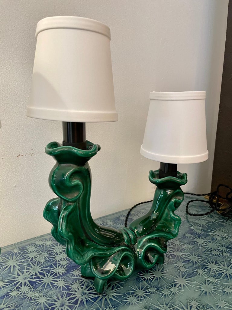 French MidCentury Green Ceramic Table Lamps, Pair at 1stDibs