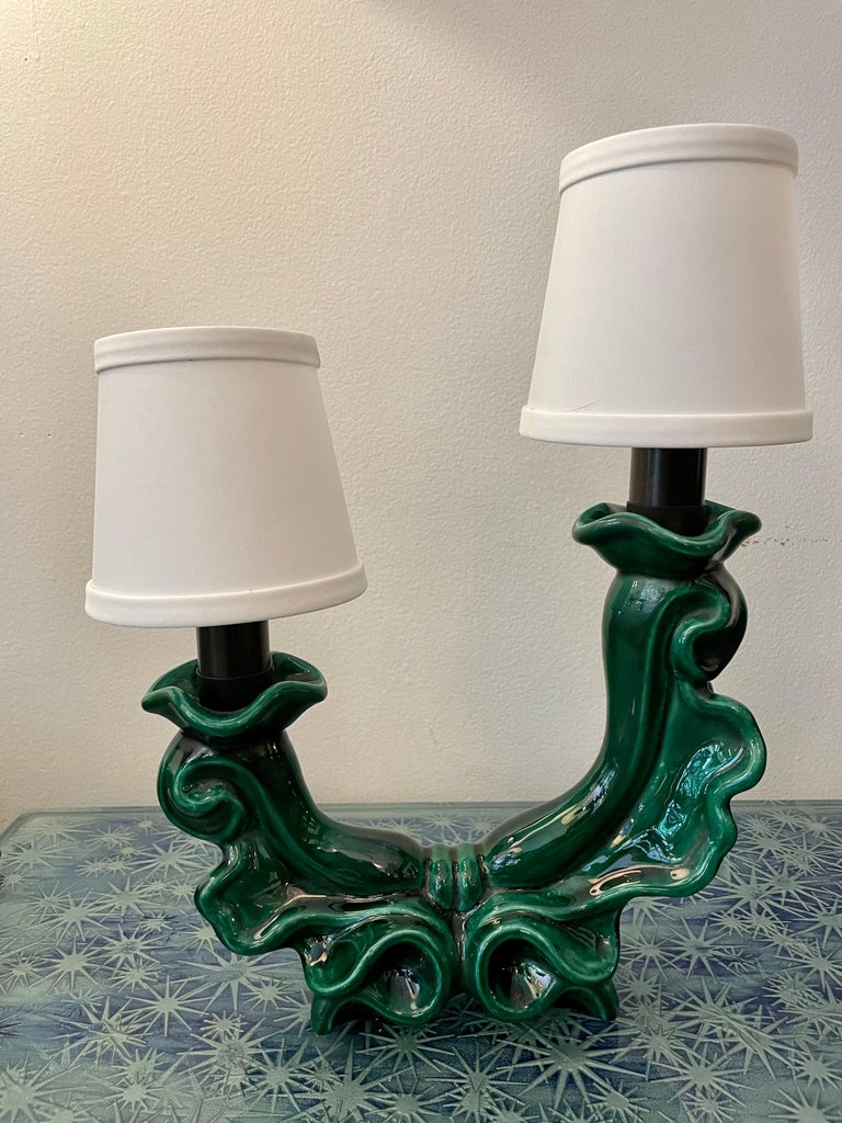 French MidCentury Green Ceramic Table Lamps, Pair at 1stDibs