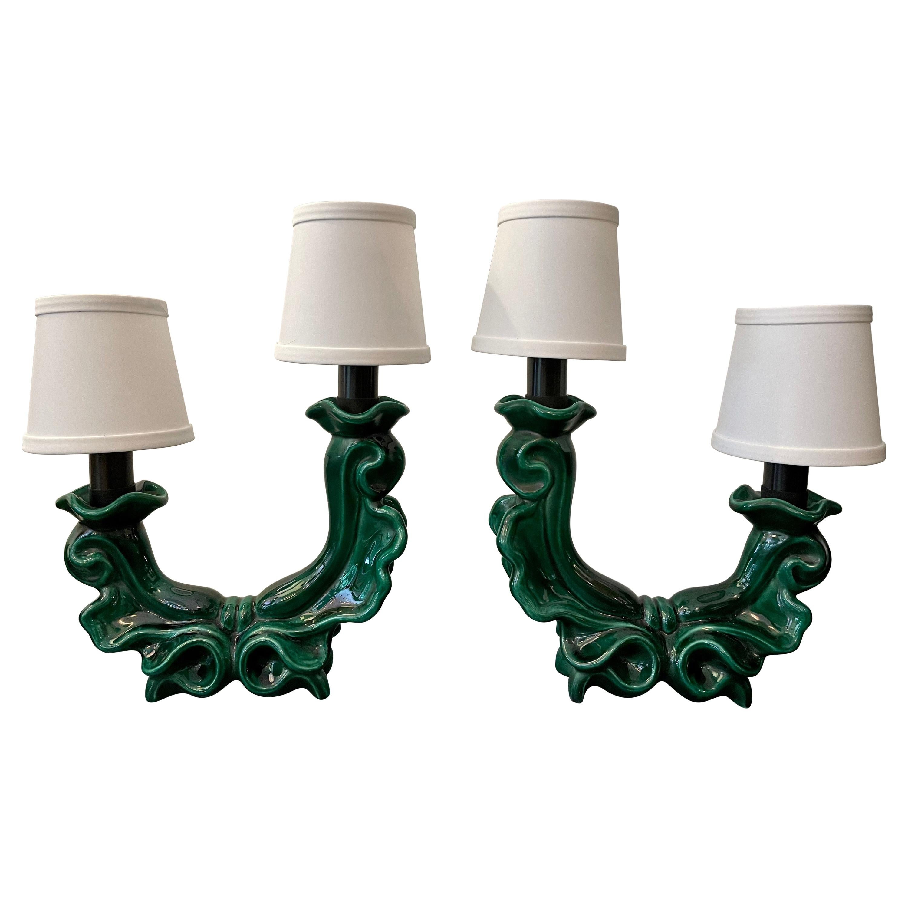 French MidCentury Green Ceramic Table Lamps, Pair at 1stDibs