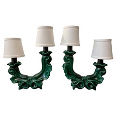 French Mid-Century Green Ceramic Table Lamps, Pair