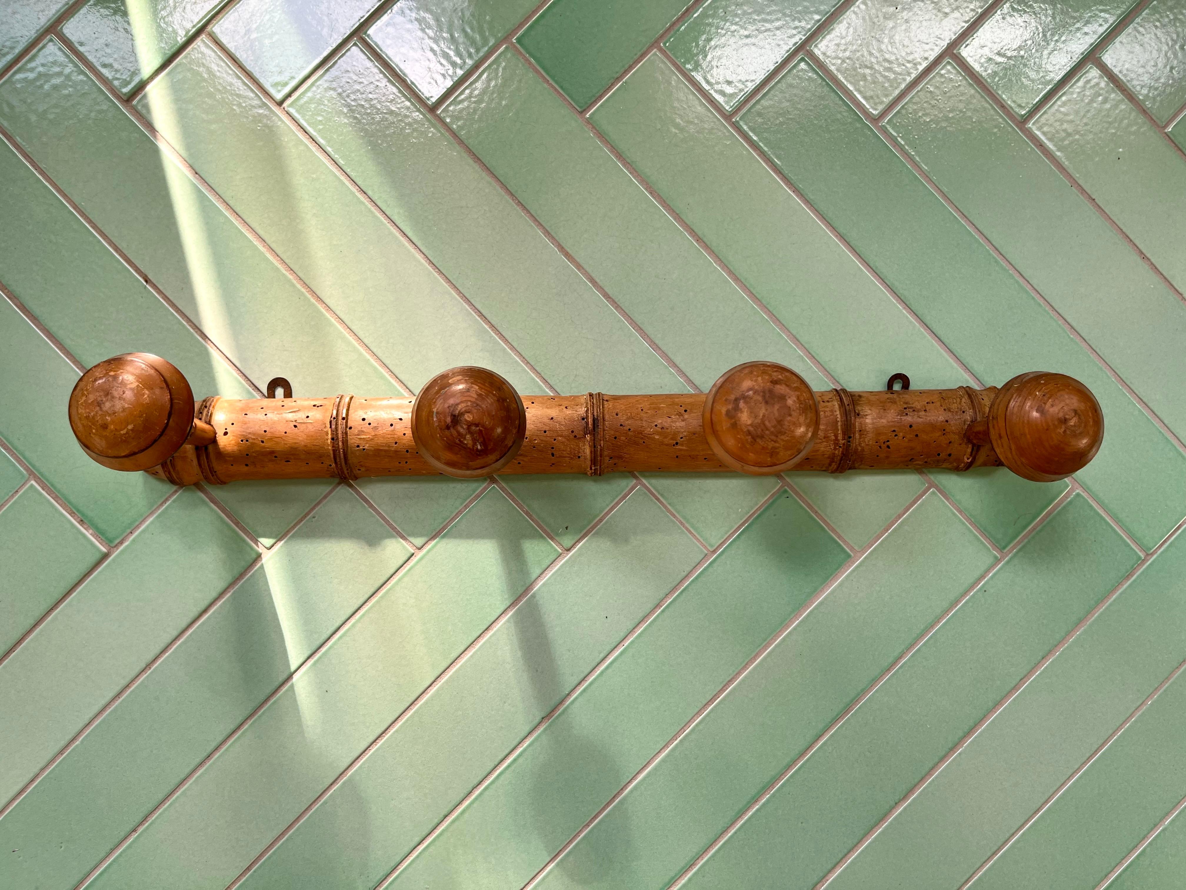 Mid-Century Modern French Mid-Century Hand-Carved Wooden Wall Rack with 4 Hooks, 1940s For Sale
