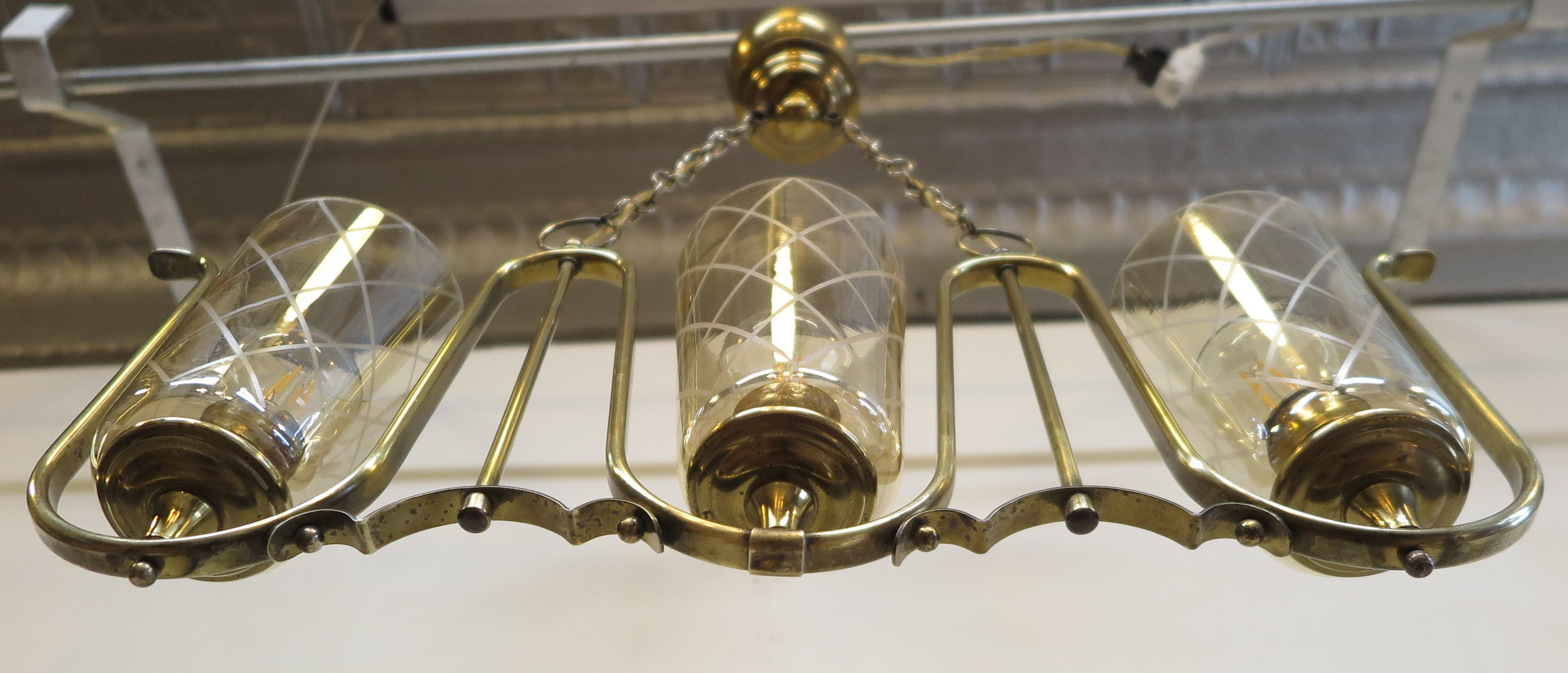 Etched French Mid Century Horizontal Chandelier  For Sale