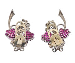 French Midcentury Invisible Set Ruby Diamond Platinum Earrings