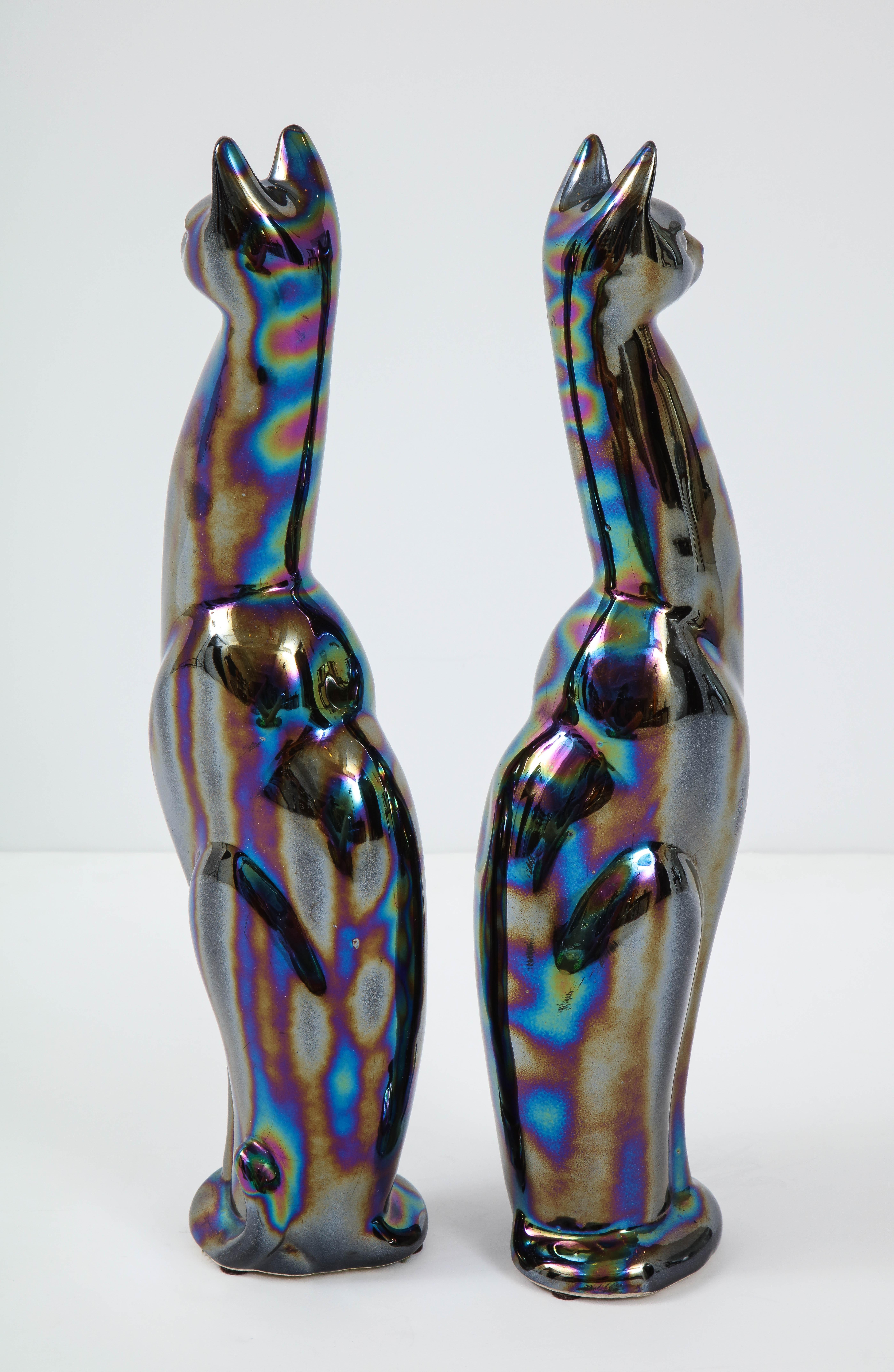 Mid-Century Modern French Midcentury Iridescent Glazed Cat Figures For Sale