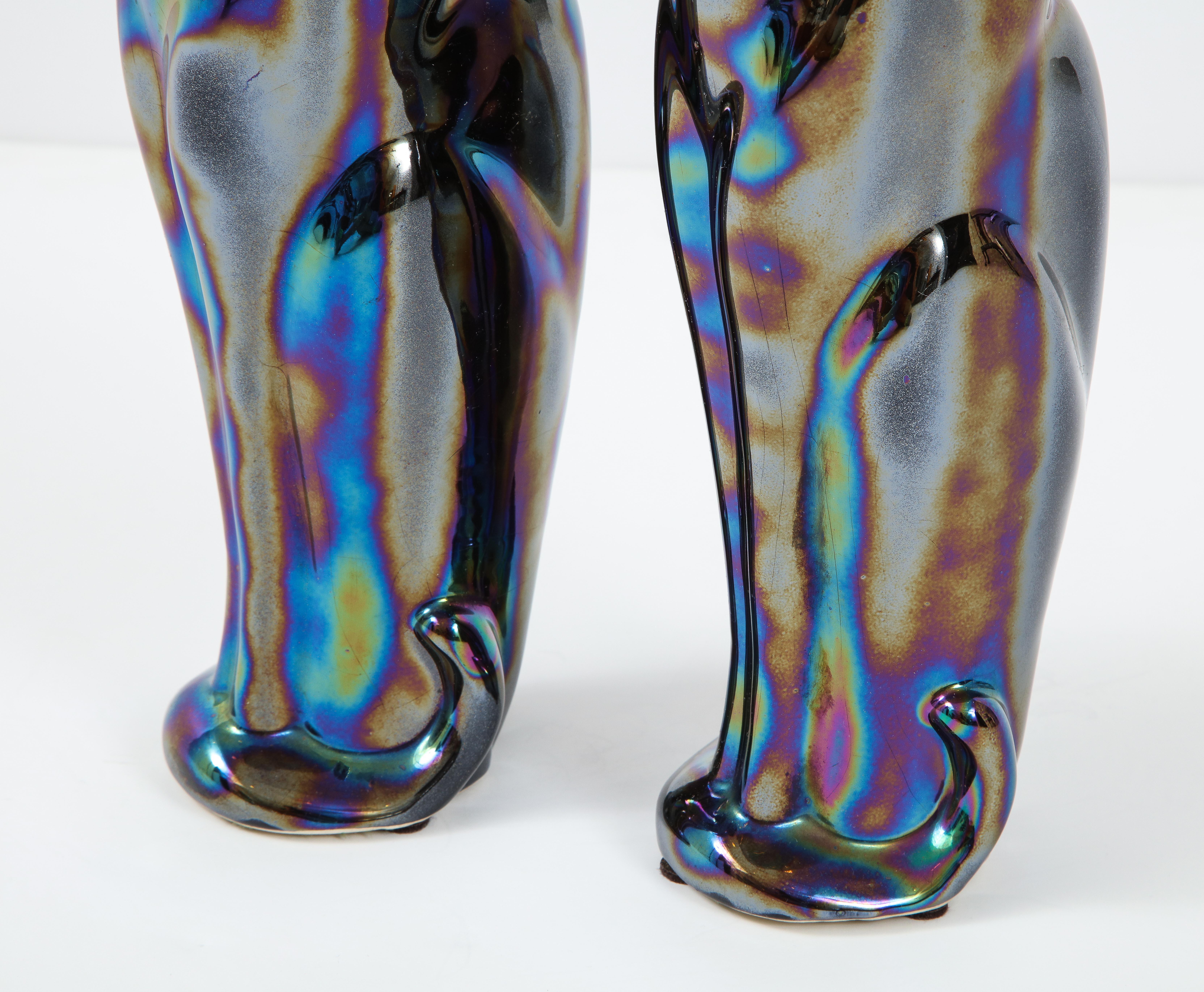 20th Century French Midcentury Iridescent Glazed Cat Figures For Sale