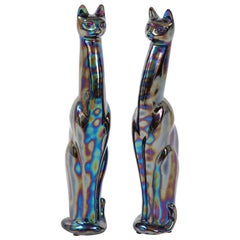 French Midcentury Iridescent Glazed Cat Figures
