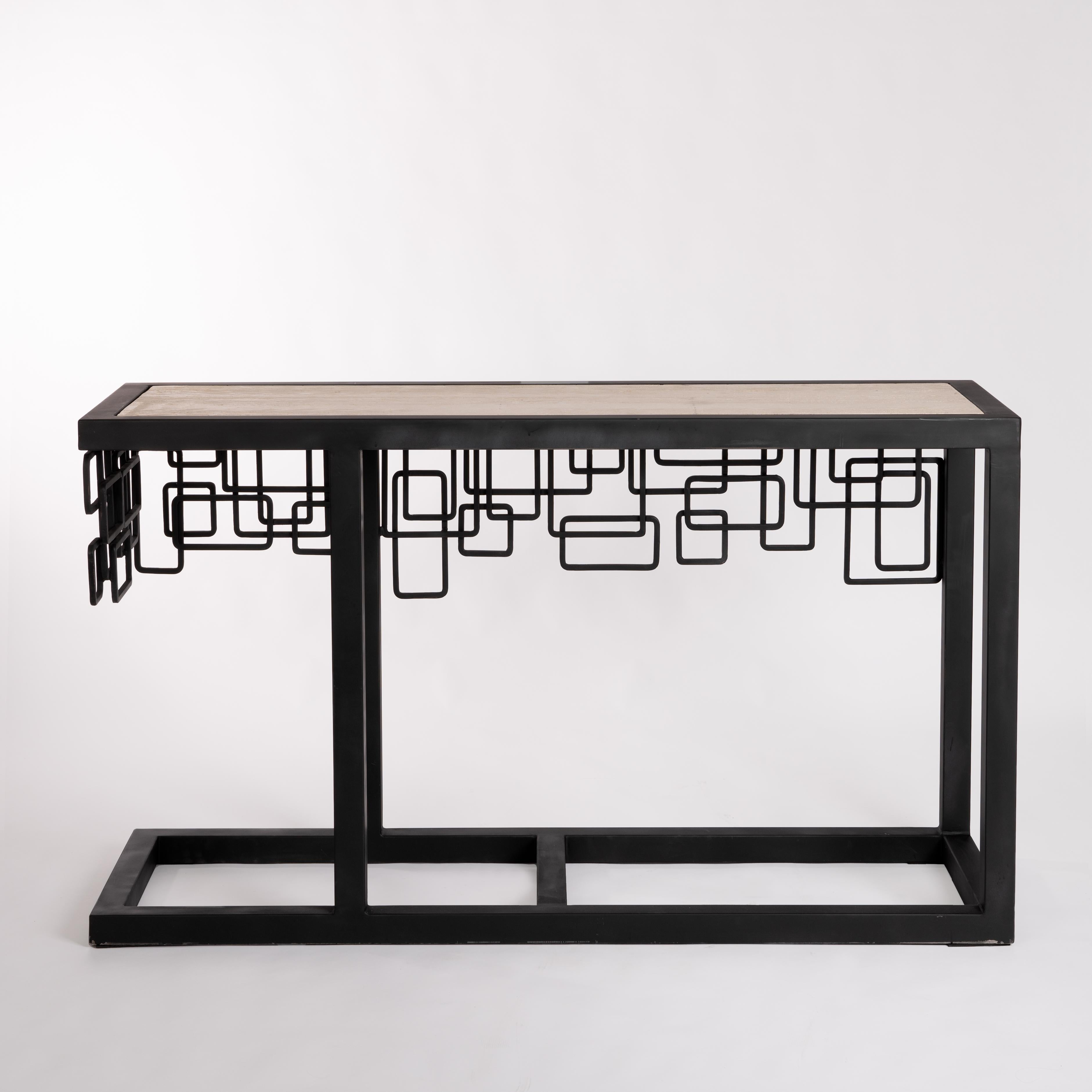 Italian Mid-Century Iron/Travertine Console Table Abstract-Geometric Design 70s For Sale 3