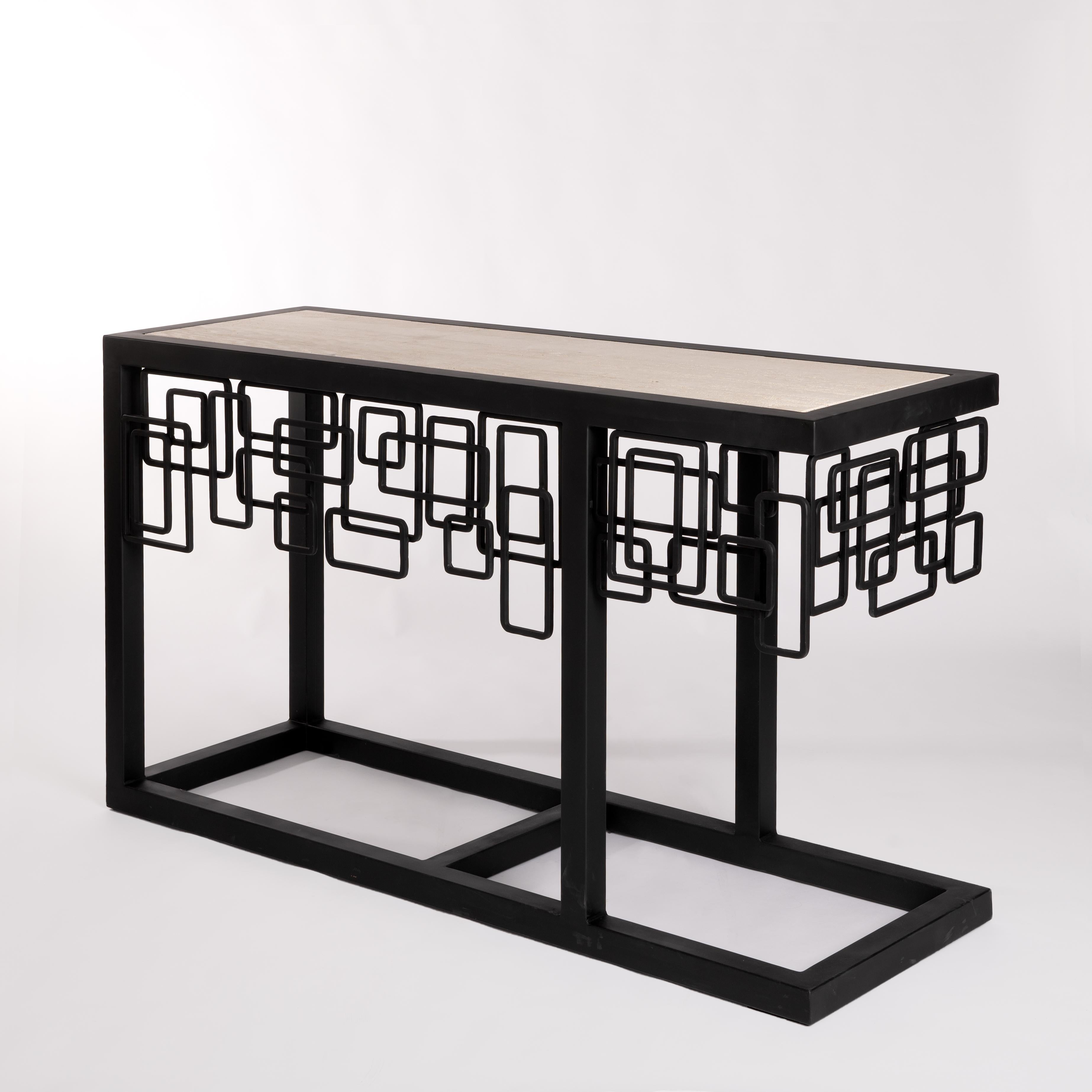 Mid-Century Modern Italian Mid-Century Iron/Travertine Console Table Abstract-Geometric Design 70s For Sale