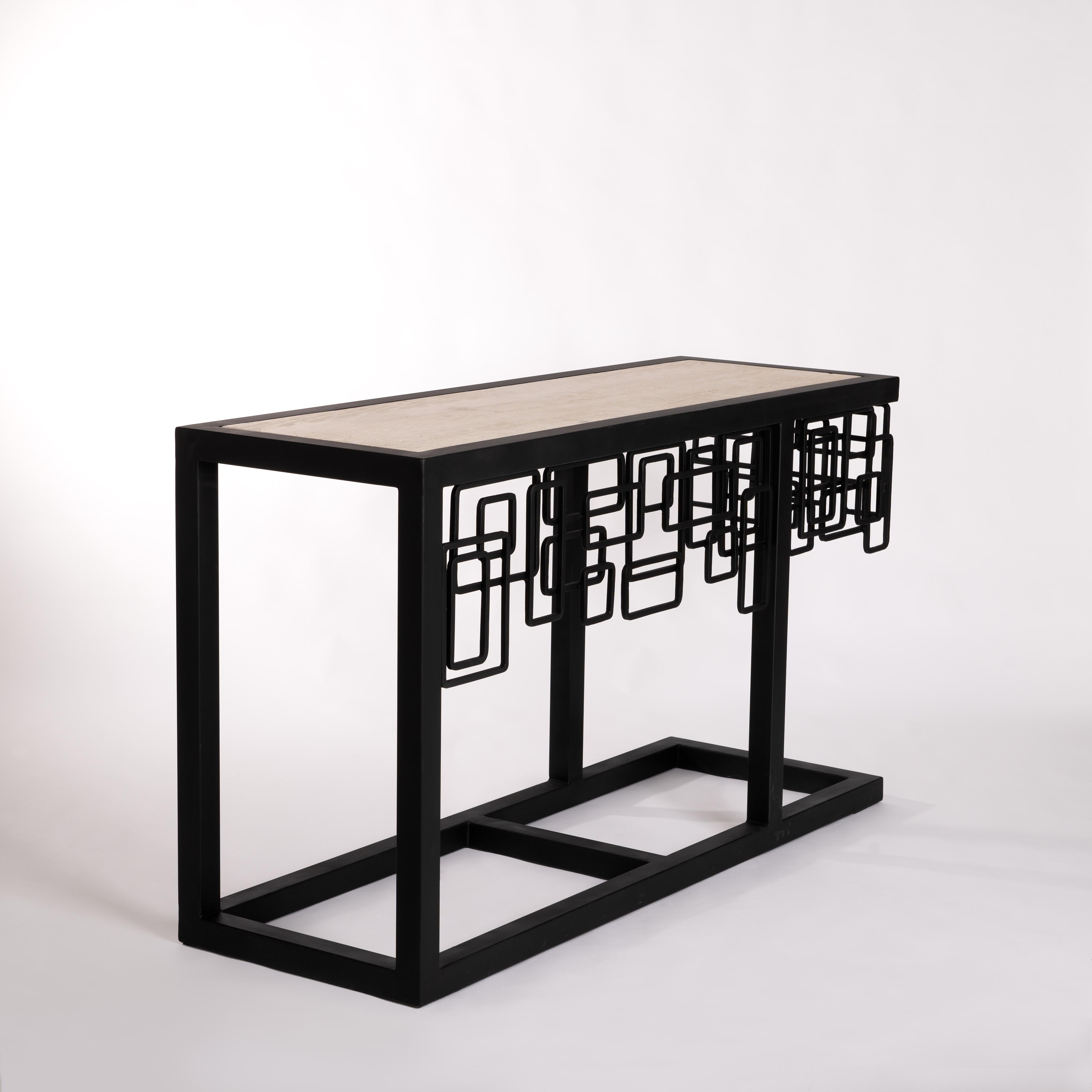 Late 20th Century Italian Mid-Century Iron/Travertine Console Table Abstract-Geometric Design 70s For Sale