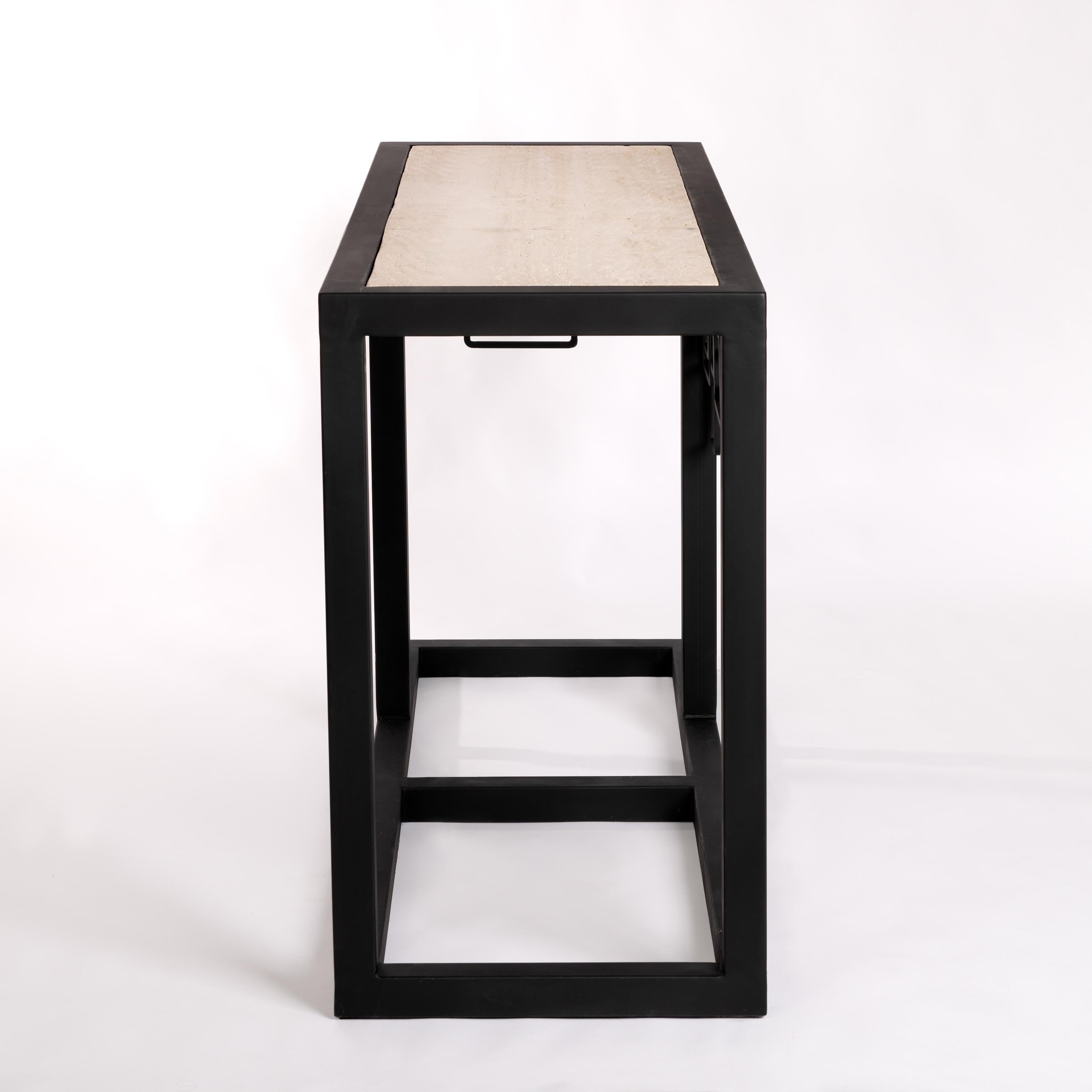 Italian Mid-Century Iron/Travertine Console Table Abstract-Geometric Design 70s For Sale 1