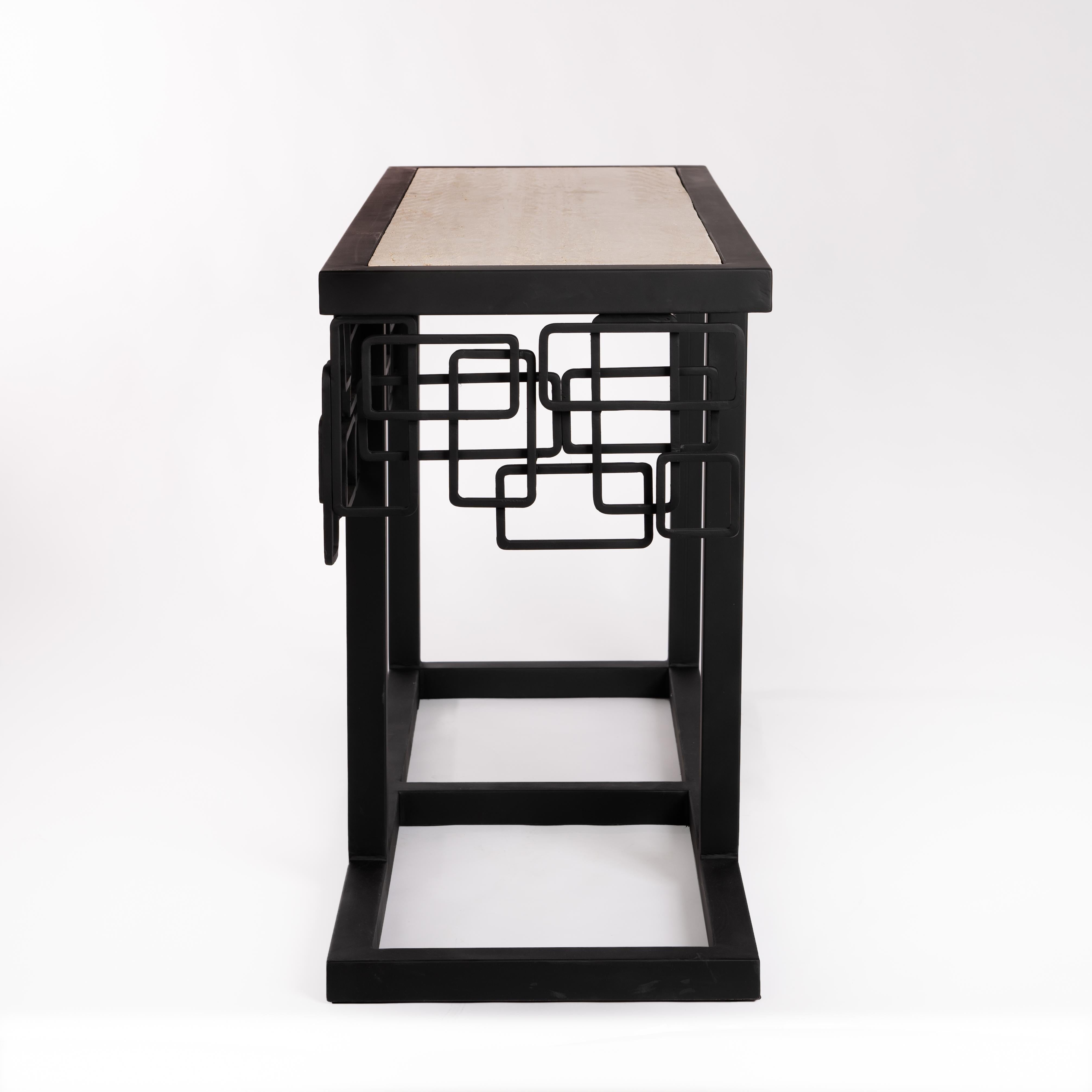Italian Mid-Century Iron/Travertine Console Table Abstract-Geometric Design 70s For Sale 2