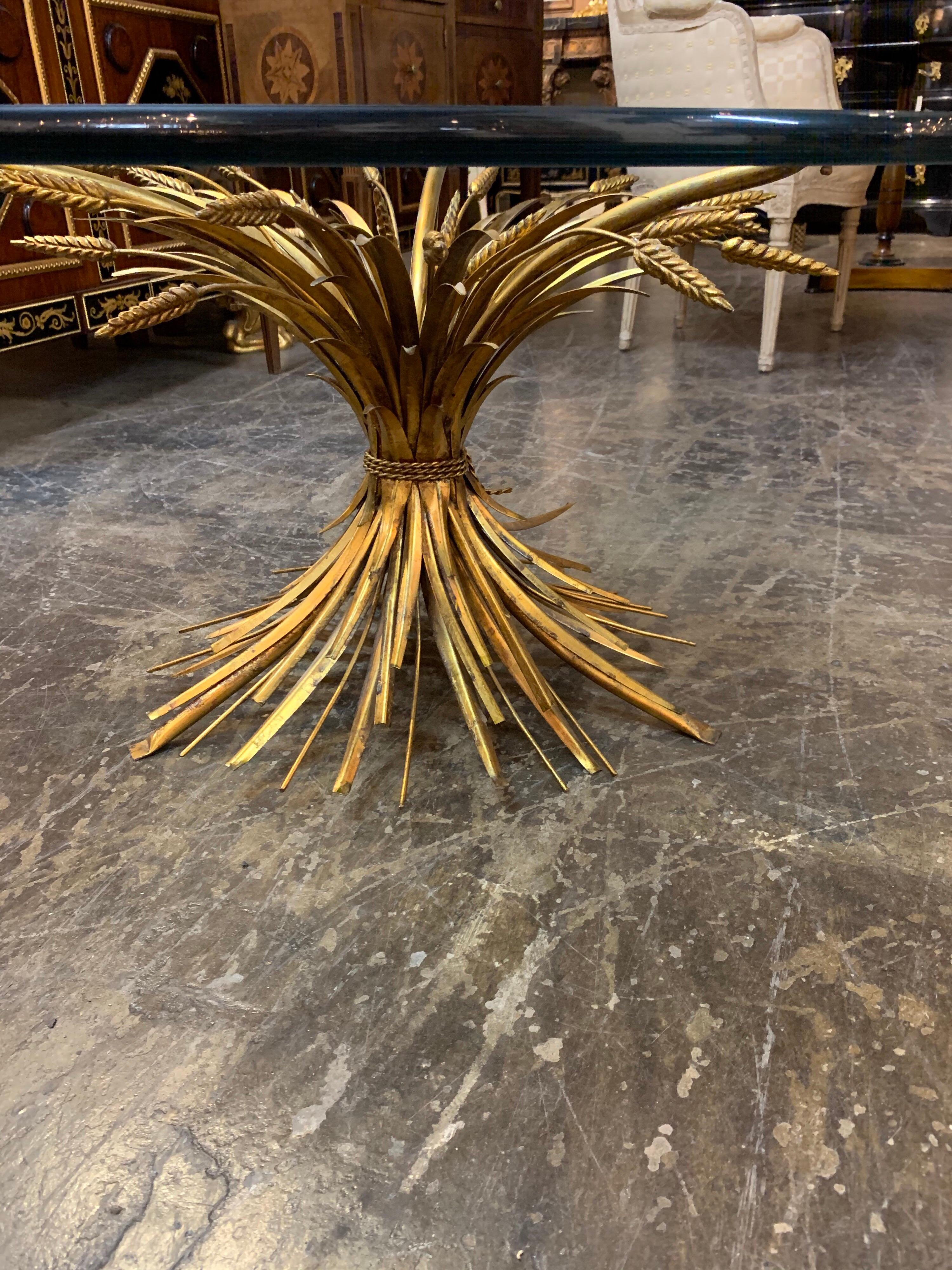 French Midcentury Jansen Style Gilt Metal Wheat Form Coffee Table In Good Condition In Dallas, TX