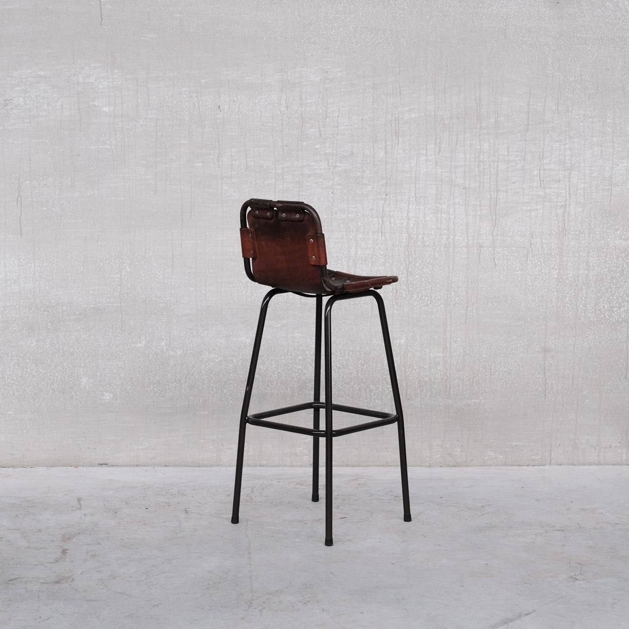 French Mid-Century Leather Bar Stools, '1' In Good Condition For Sale In London, GB
