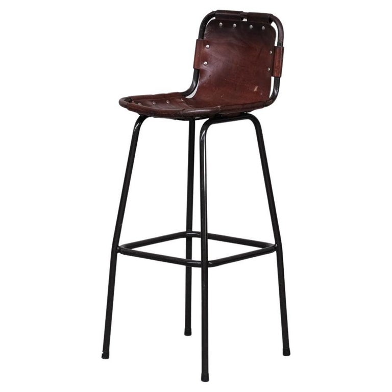 French MidCentury Leather Bar Stools, '3' For Sale at 1stDibs