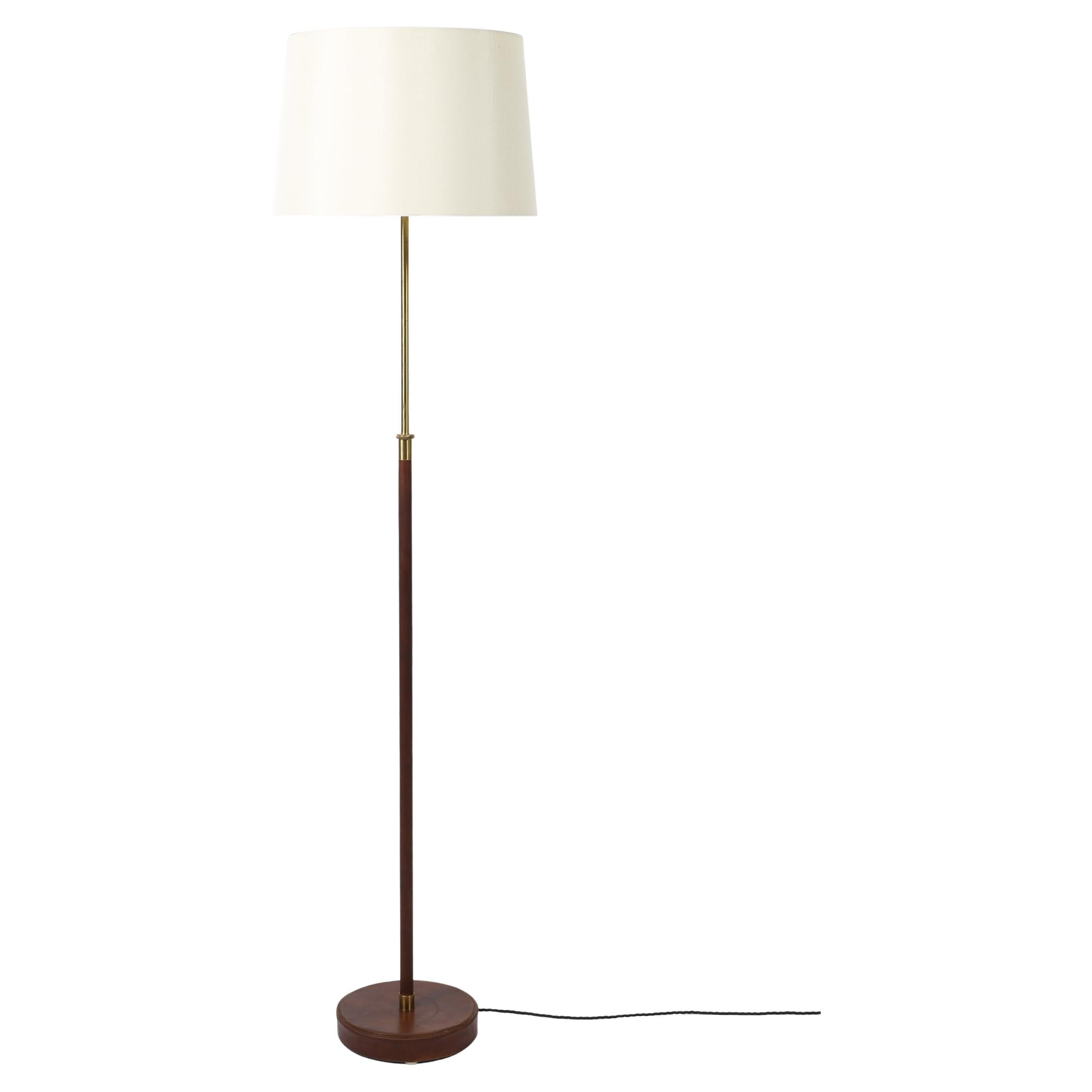 French Mid Century Leather & Brass Floor Lamp