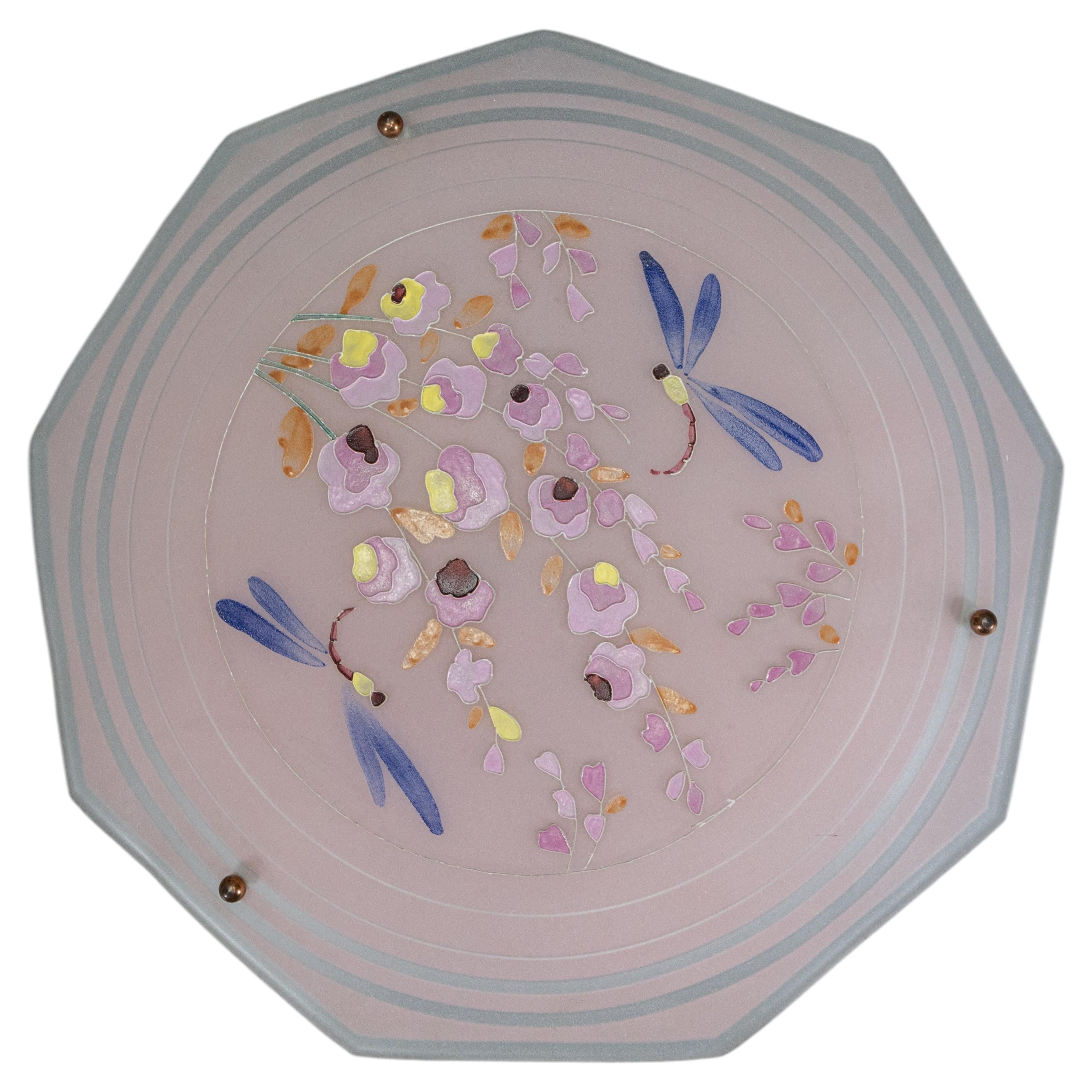 French Mid-Century Light Pink Enameled Glass Flush Mount with Floral Motifs