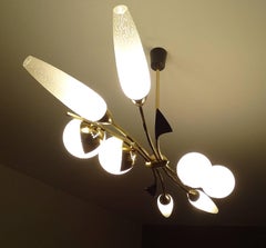 Large Modernist   Linear Maison Arlus Glass Brass Chandelier, Stilnovo Style