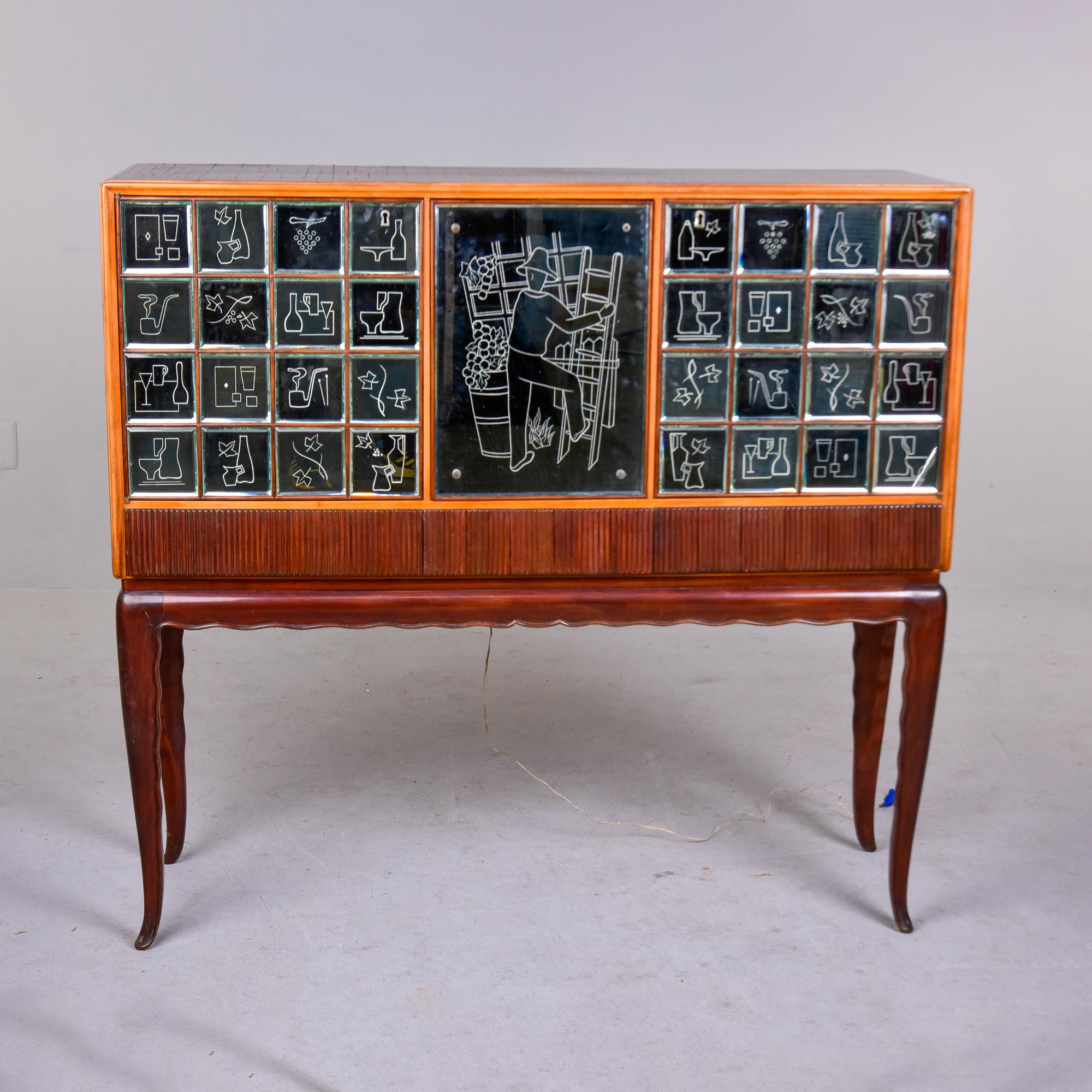 Mid-Century Modern French Mid Century Liquor Cabinet in Mahogany with Etched Mirrored Panels