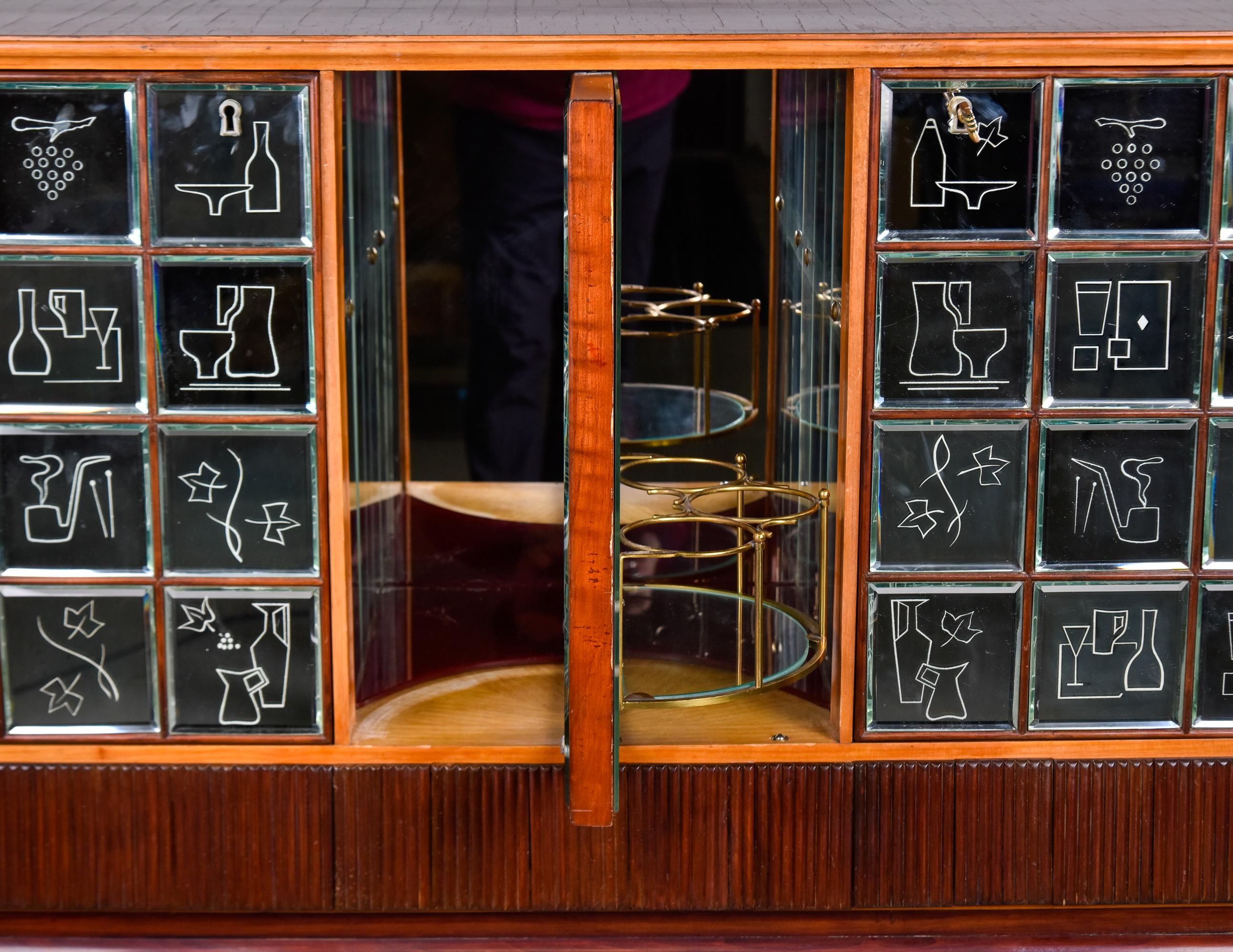 20th Century French Mid Century Liquor Cabinet in Mahogany with Etched Mirrored Panels