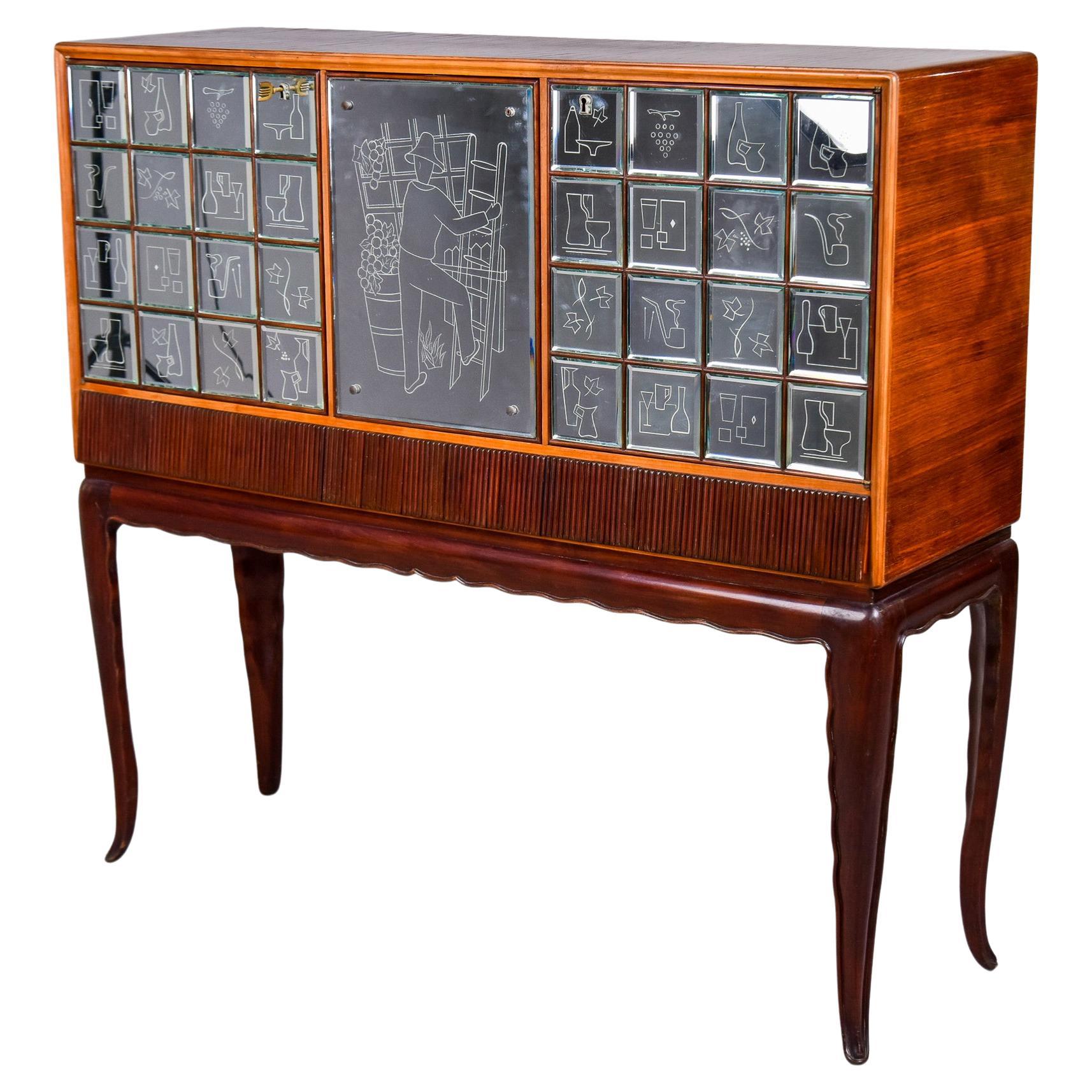 French Mid Century Liquor Cabinet in Mahogany with Etched Mirrored Panels
