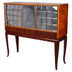 French Mid Century Liquor Cabinet in Mahogany with Etched Mirrored Panels