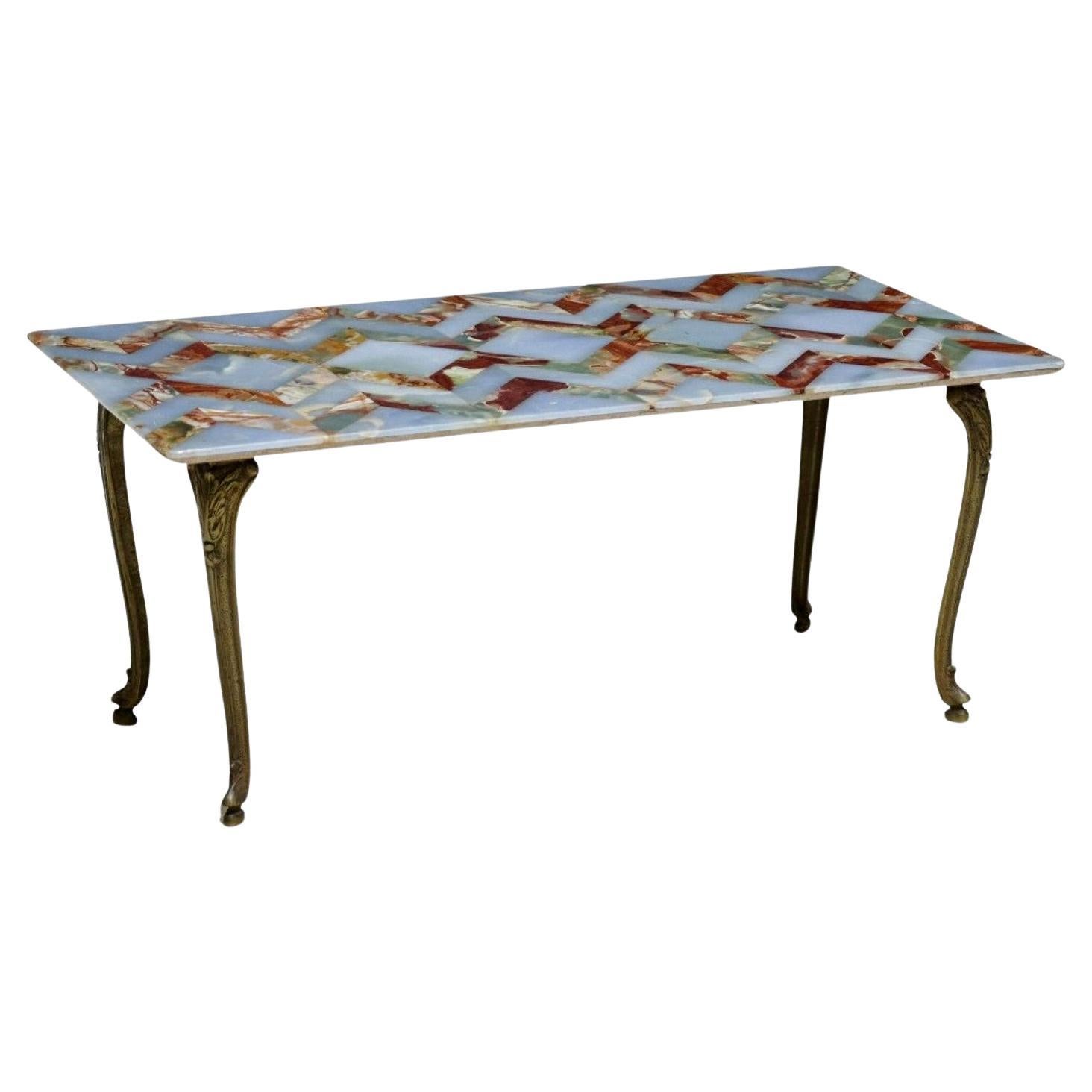 French Mid-Century Louis XV Hollywood Glam Inlaid Onyx Gilt Brass Coffee Table