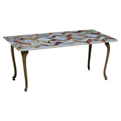Mesa de centro francesa de mediados de siglo Luis XV Hollywood Glam con incrustaciones de ónice y latón dorado