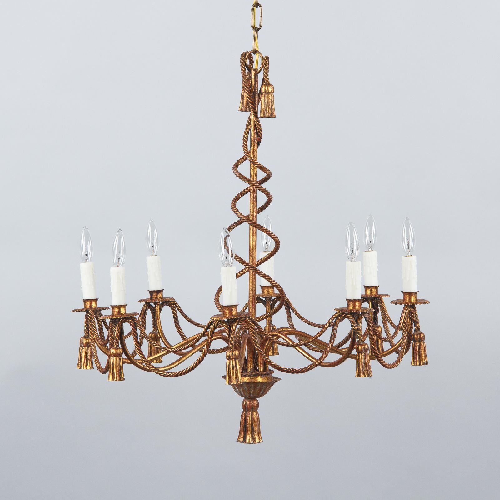 French Midcentury Louis XVI Style Gilded Metal 8-Light Chandelier 7