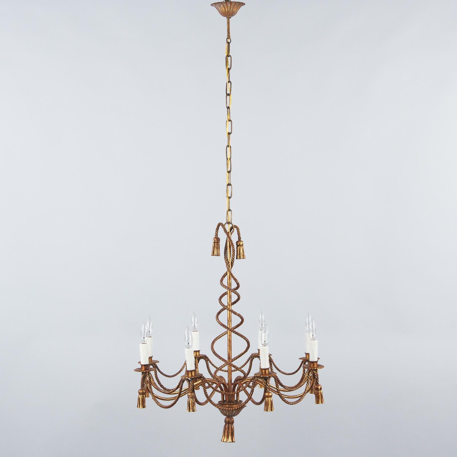 French Midcentury Louis XVI Style Gilded Metal 8-Light Chandelier 9