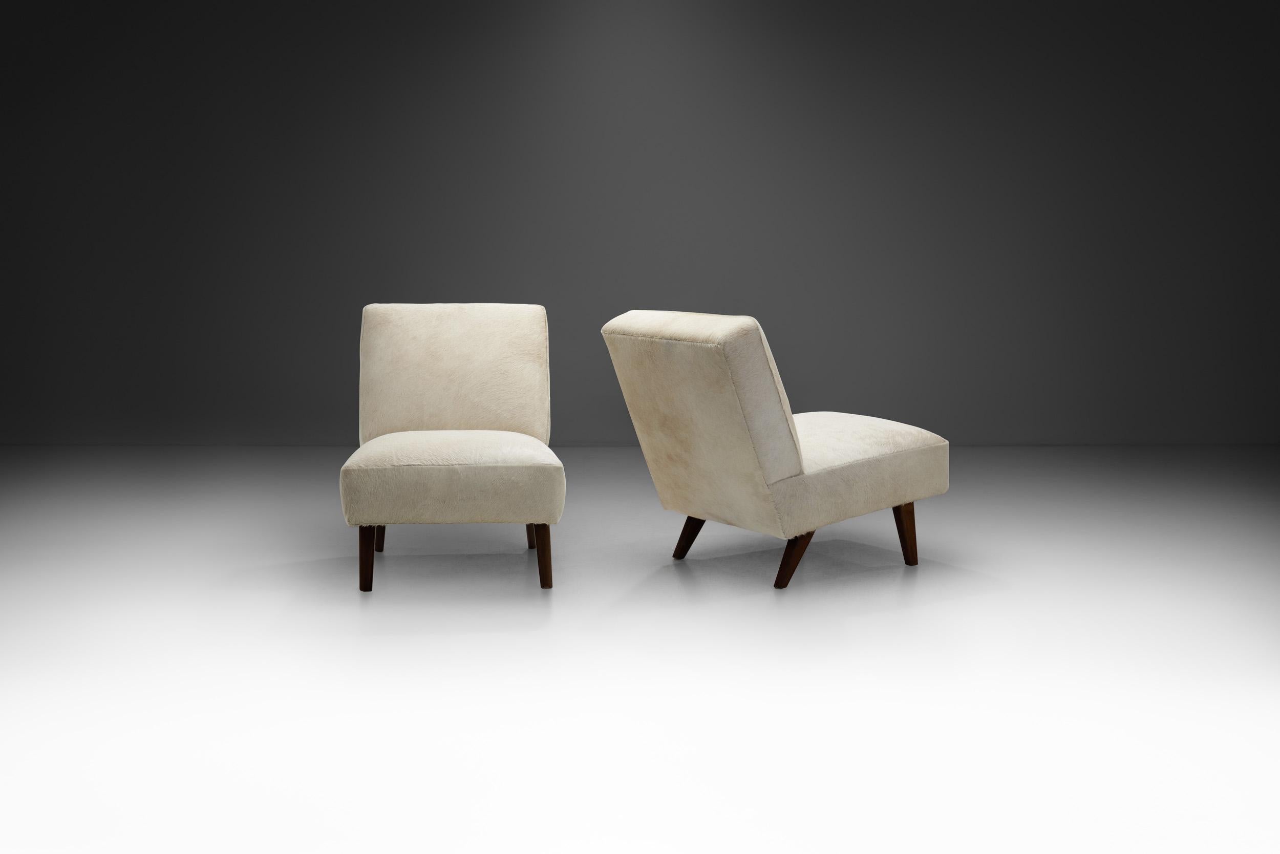 Mid-Century Modern French Midcentury Lounge Chairs in White Cow Hide, France, 1960s