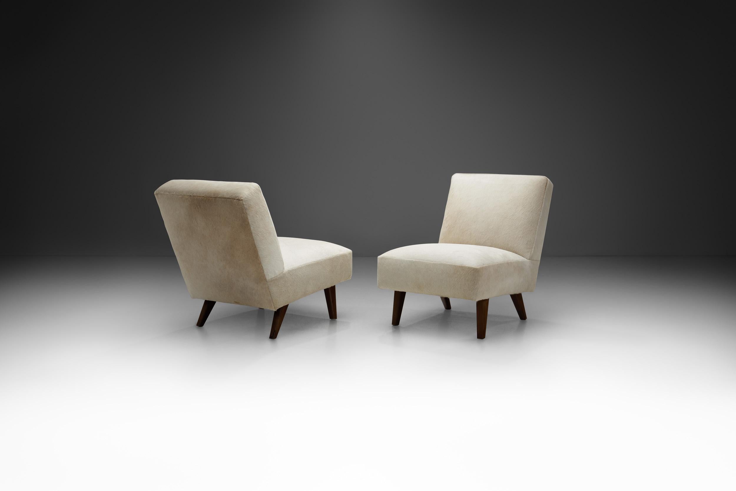 Mid-20th Century French Midcentury Lounge Chairs in White Cow Hide, France, 1960s