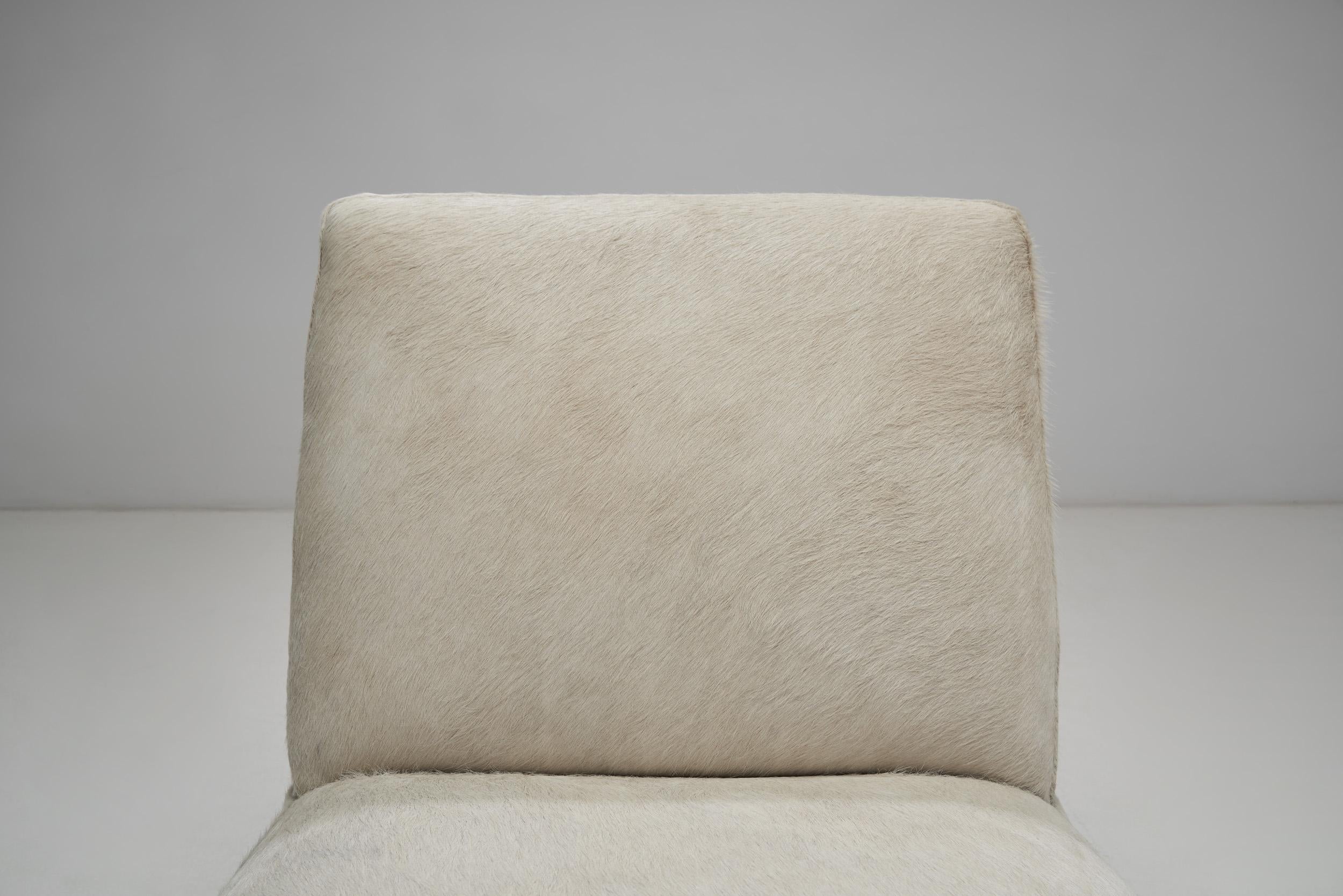 French Midcentury Lounge Chairs in White Cow Hide, France, 1960s 3