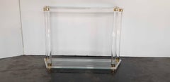French Midcentury Lucite Console Table with Brass Metal Parts and Glass Shelves