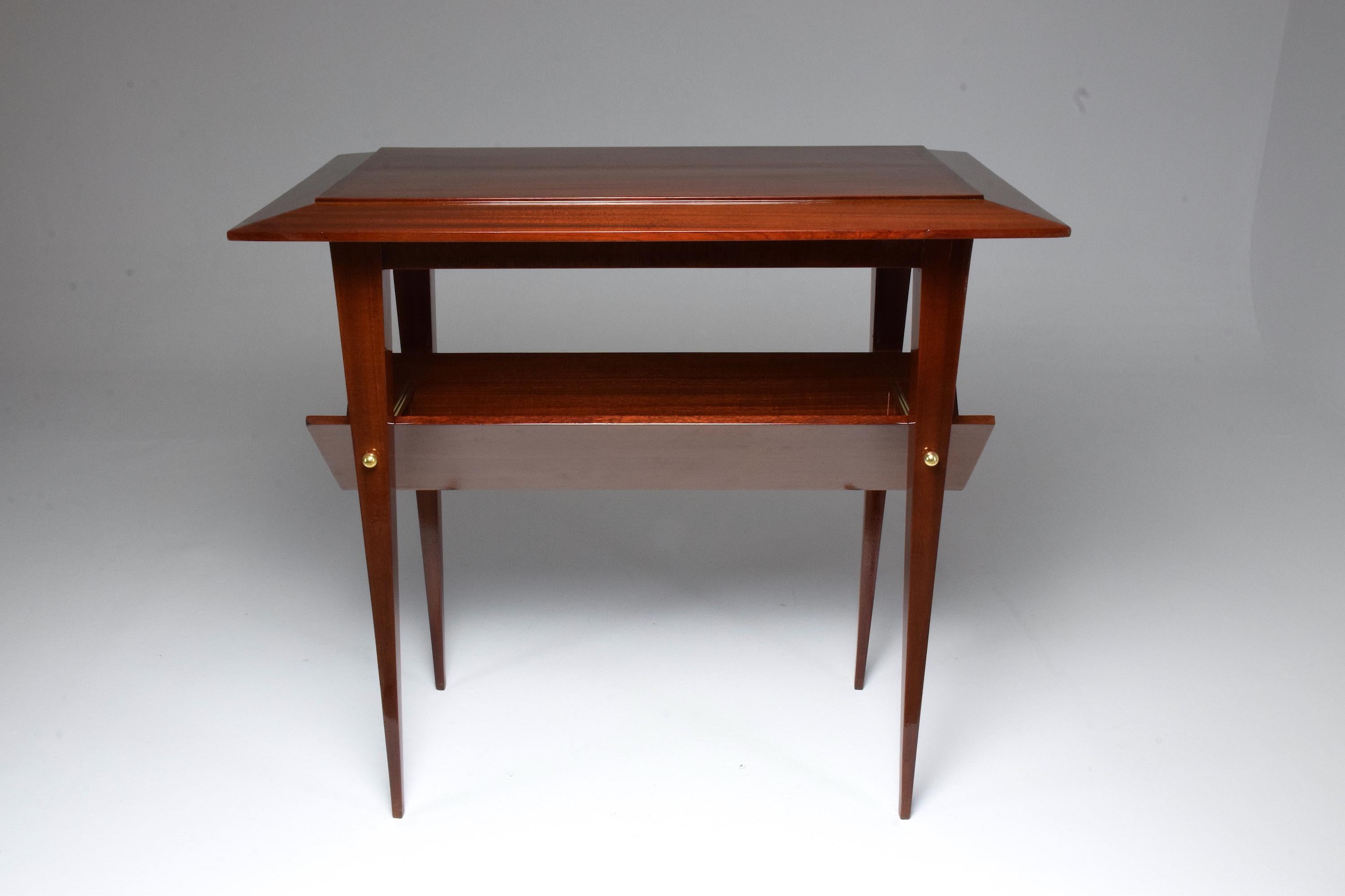 Brass French Midcentury Mahogany Side Table Attributed to Raphael, 1950s