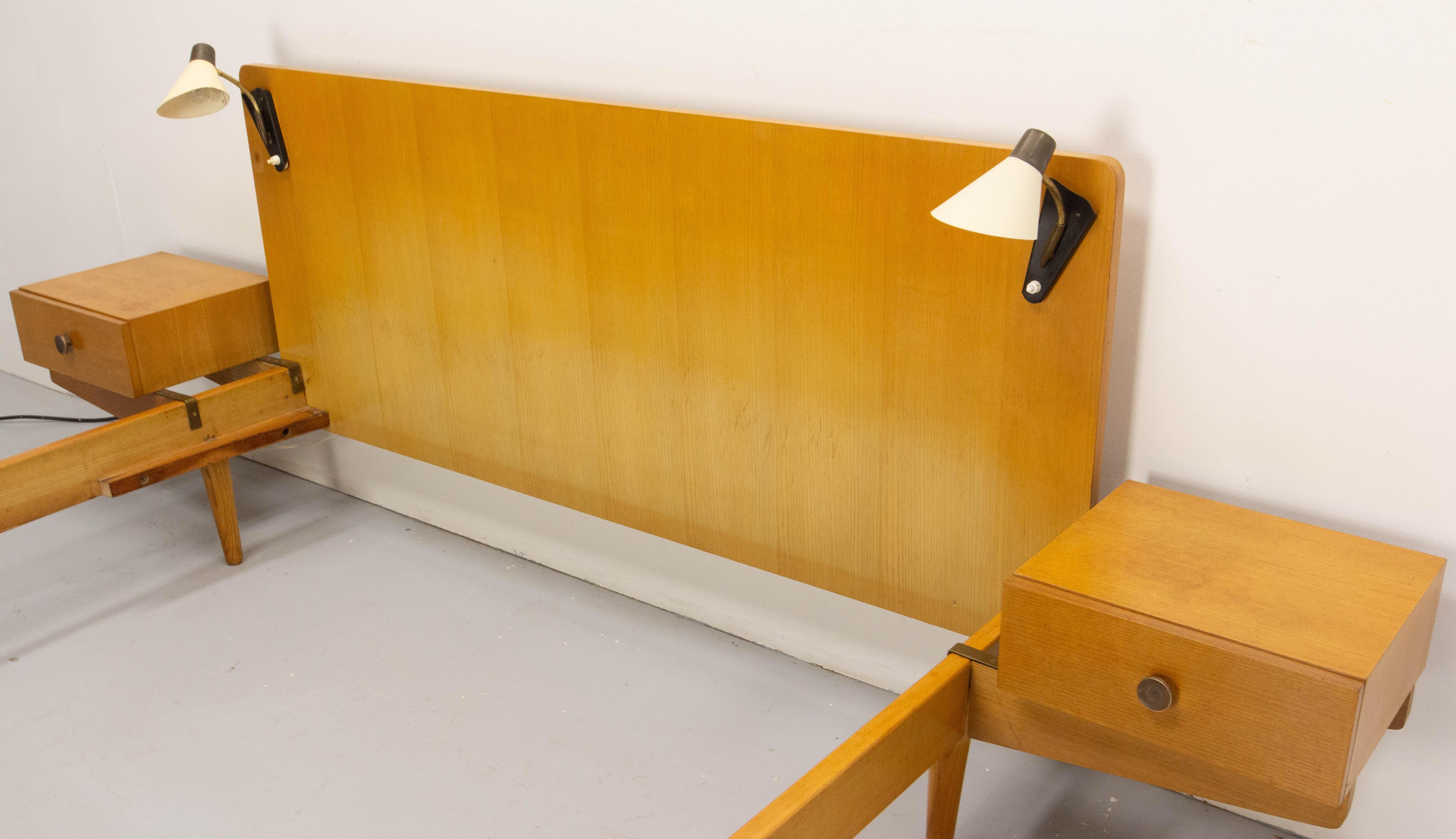 French Mid-Century Massive Oak Bed Full Size Nightstands & Bedside Lamps, c 1950 For Sale 4
