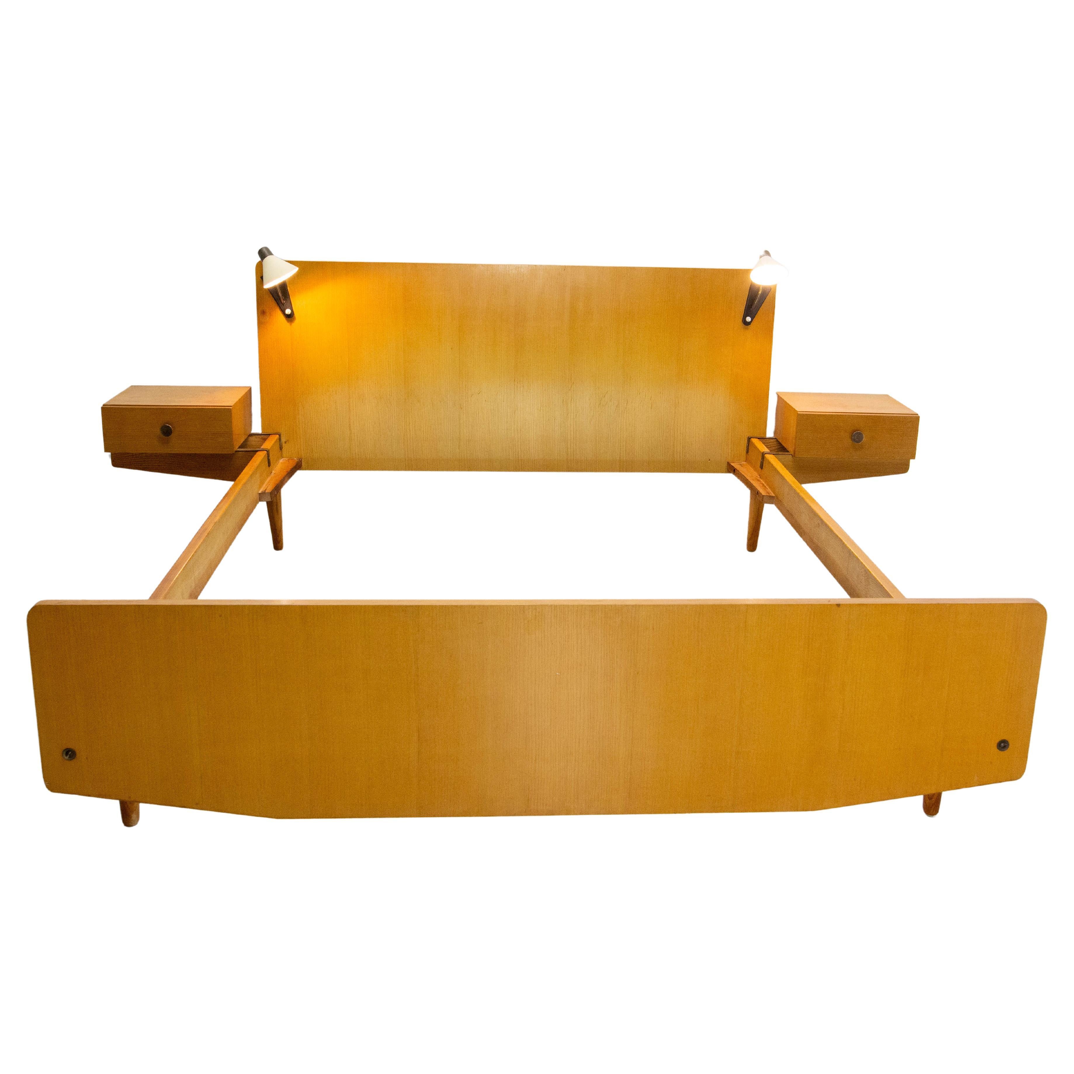 French Mid-Century Massive Oak Bed Full Size Nightstands & Bedside Lamps, c 1950 For Sale