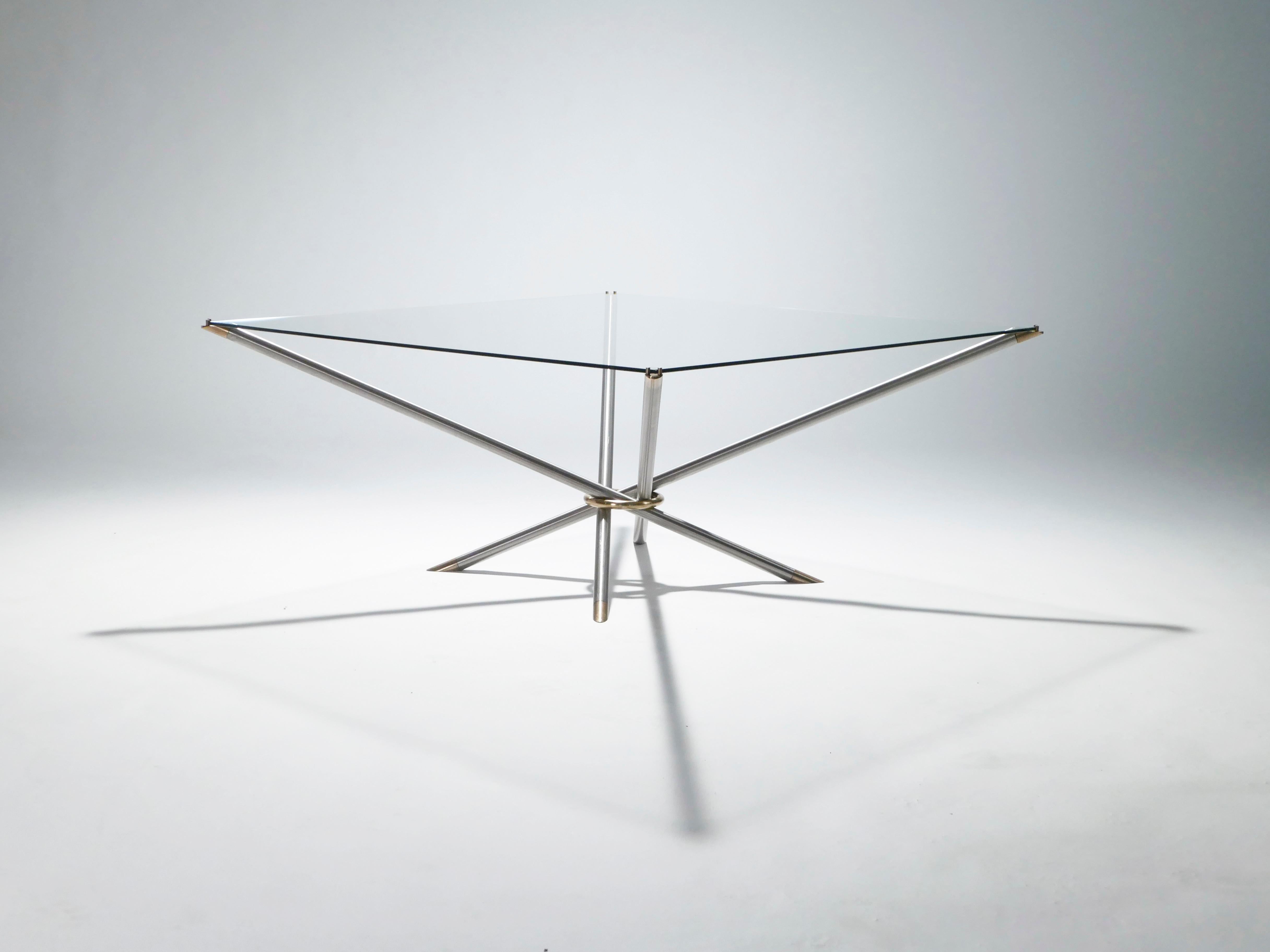 French Midcentury Metal and Brass Coffee Table, 1970s In Good Condition For Sale In Paris, IDF