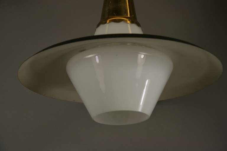 Metal French Mid Century Opaline Glass Brass Pendant