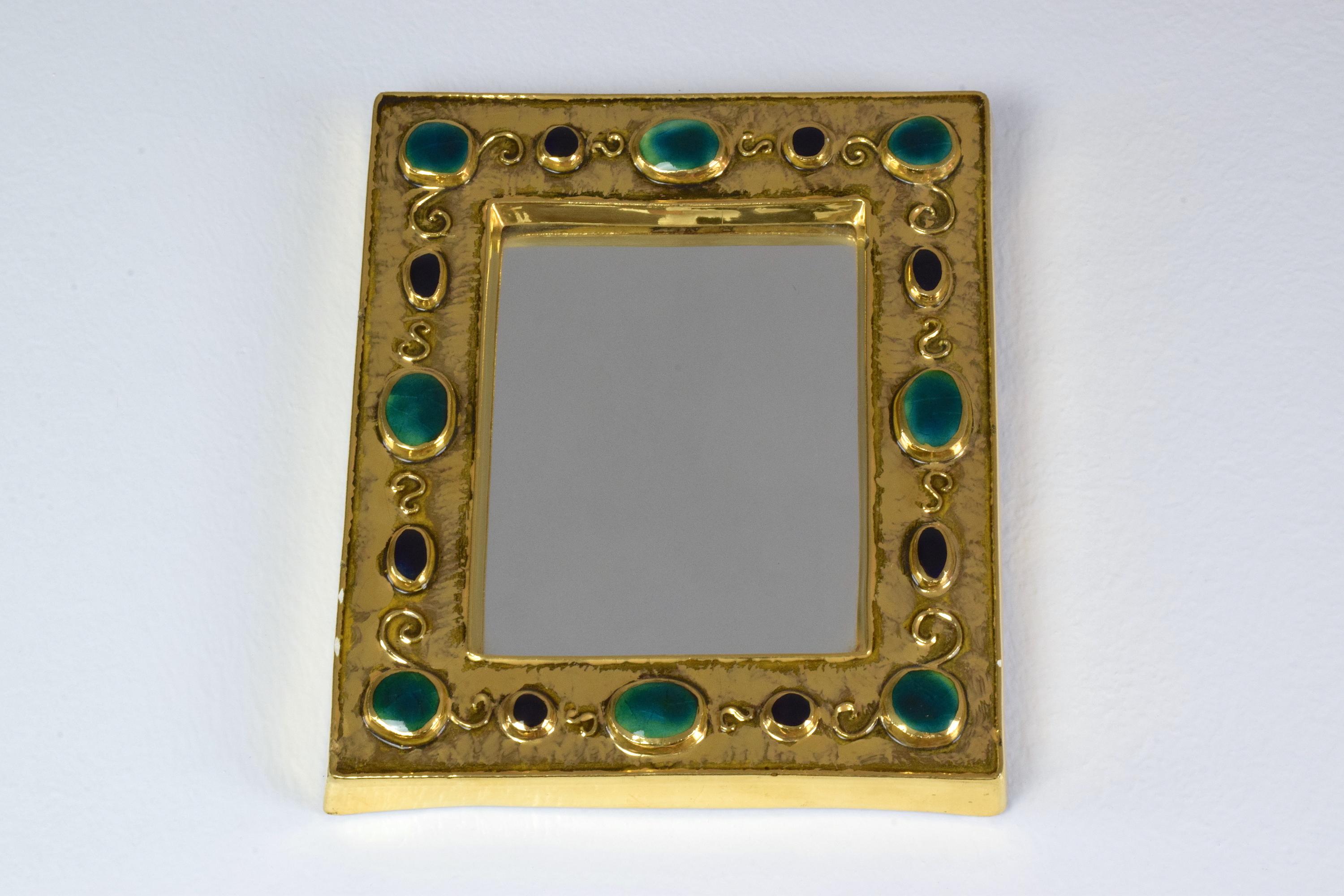 Enameled French Midcentury Ceramic Mirror Frame by François Lembo, 1960s